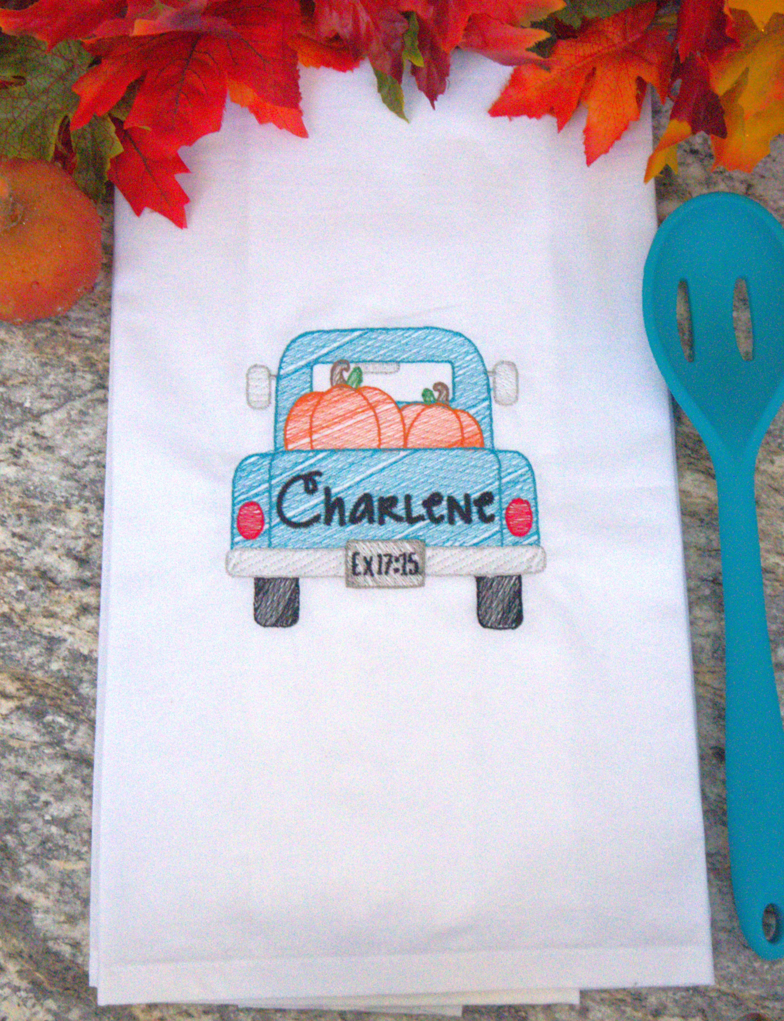 Personalized Sketched Pumpkin Truck Kitchen Towel – Custom Embroidered Vintage Fall Dish Towel