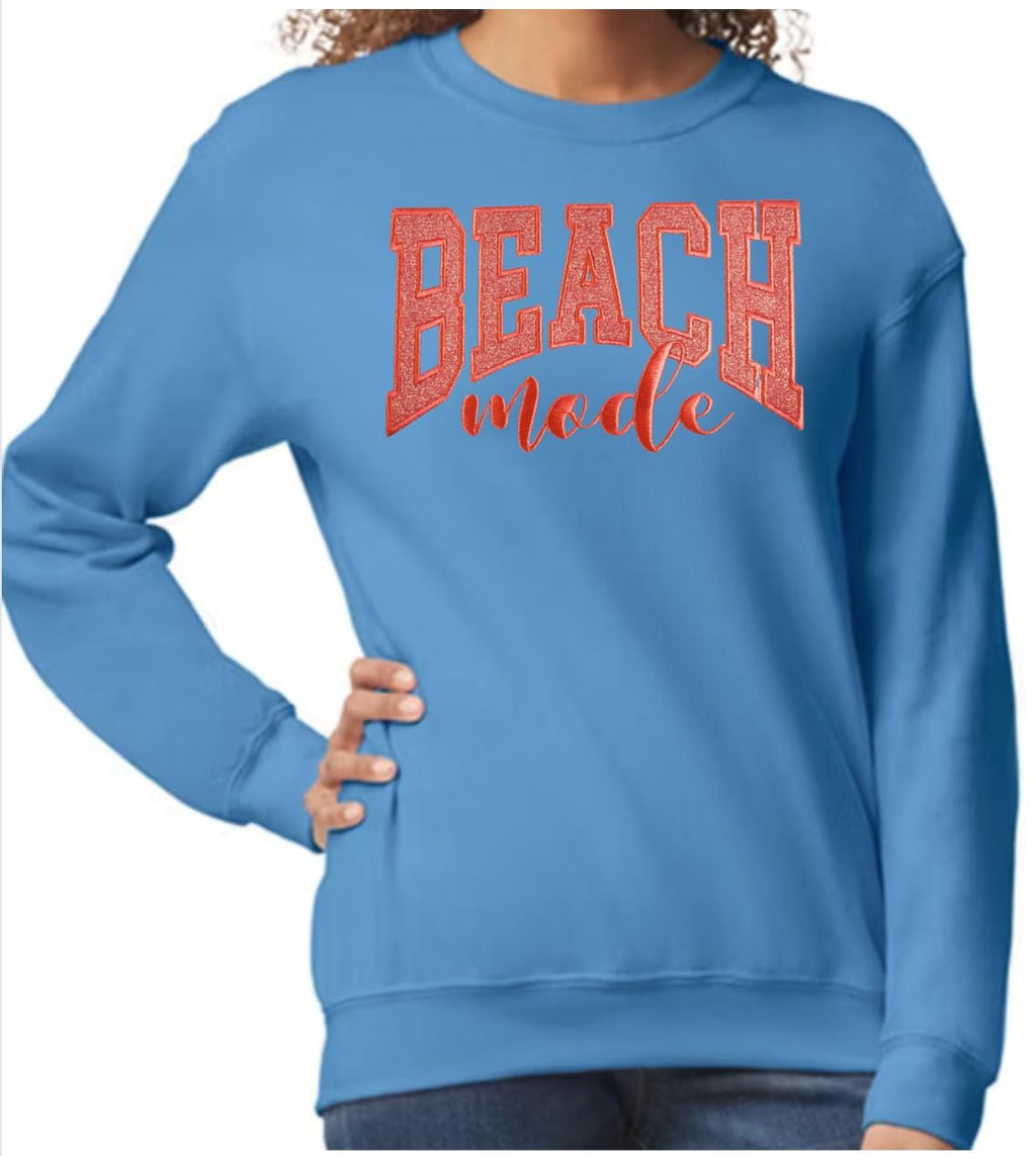 Beach Mode Varsity Letters with Glitter, Glow-in-the-Dark Thread, Embroidered Sweatshirt, Filled Letter Crewneck, FREE US SHIPPING