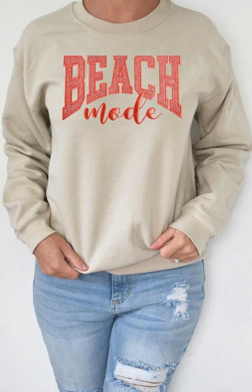 Beach Mode Varsity Letters with Glitter, Glow-in-the-Dark Thread, Embroidered Sweatshirt, Filled Letter Crewneck, FREE US SHIPPING