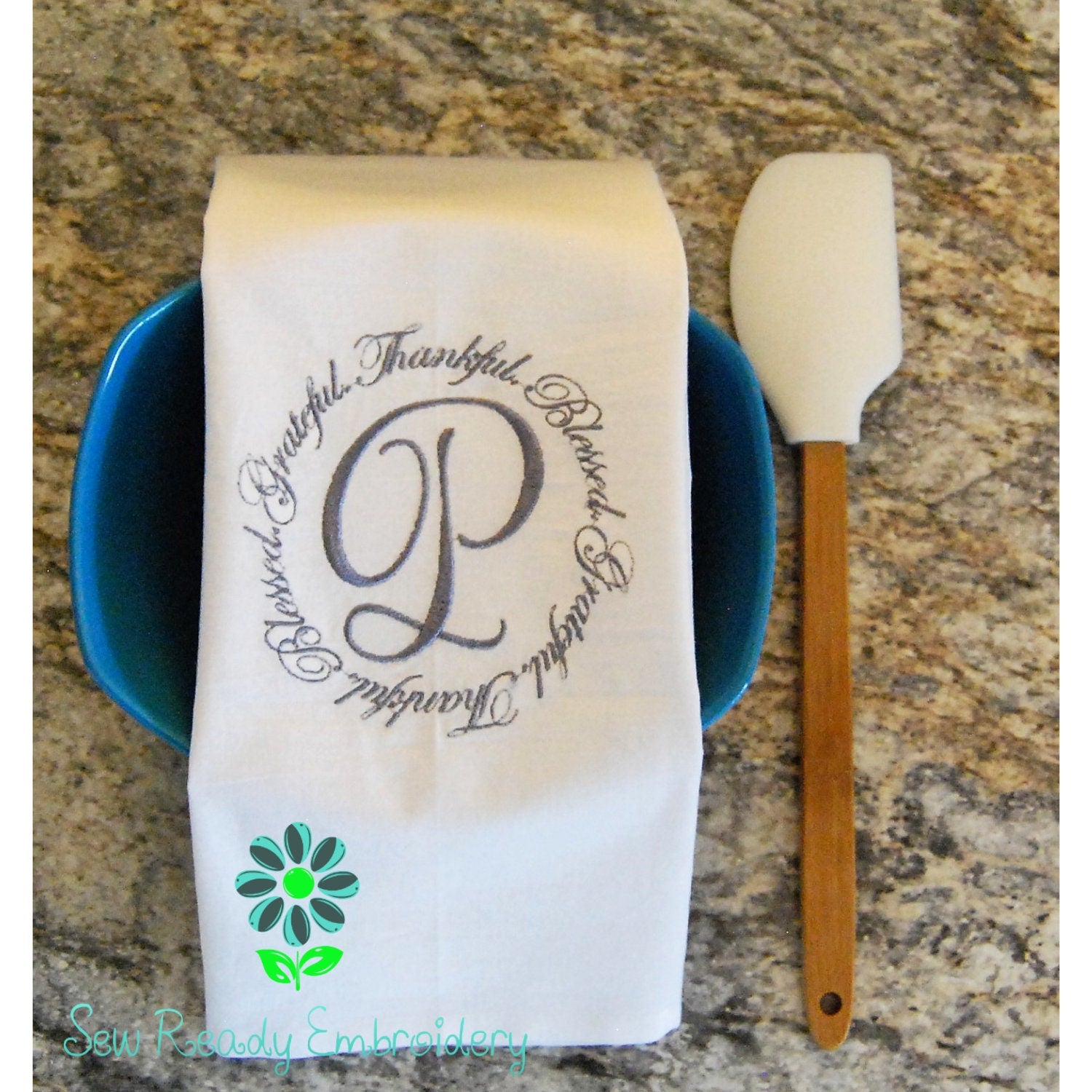 Monogram Grateful Thankful Blessed Wreath Embroidered Dish Towel – Personalized Kitchen Towel