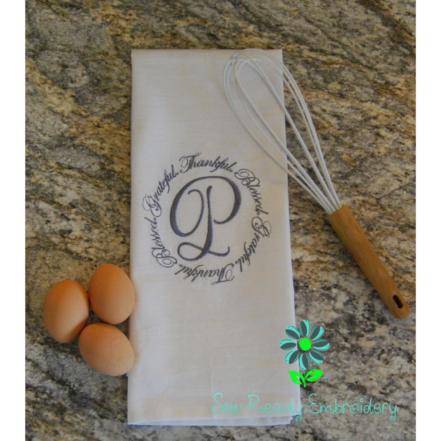 Monogram Grateful Thankful Blessed Wreath Embroidered Dish Towel – Personalized Kitchen Towel