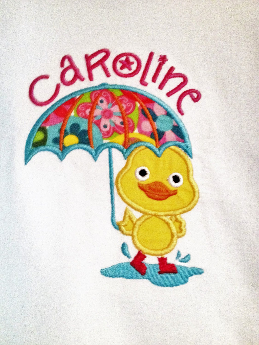 Custom Puddle Duck with Umbrella in Rain Bright Applique Personalized Embroidered White T-Shirt Girls Toddler Children