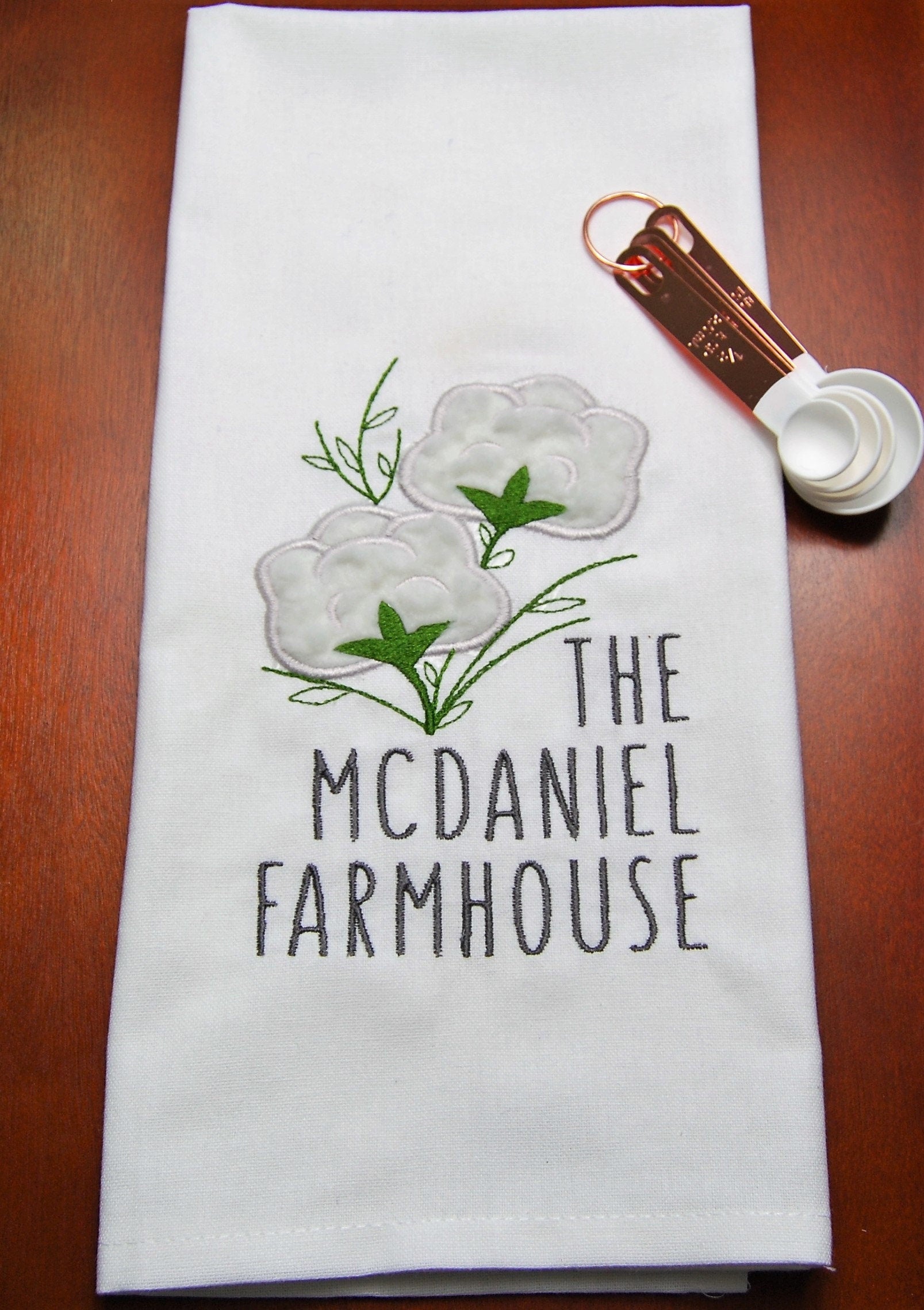 Custom Family Name Embroidered Cotton Plant Appliqué Kitchen Towel
