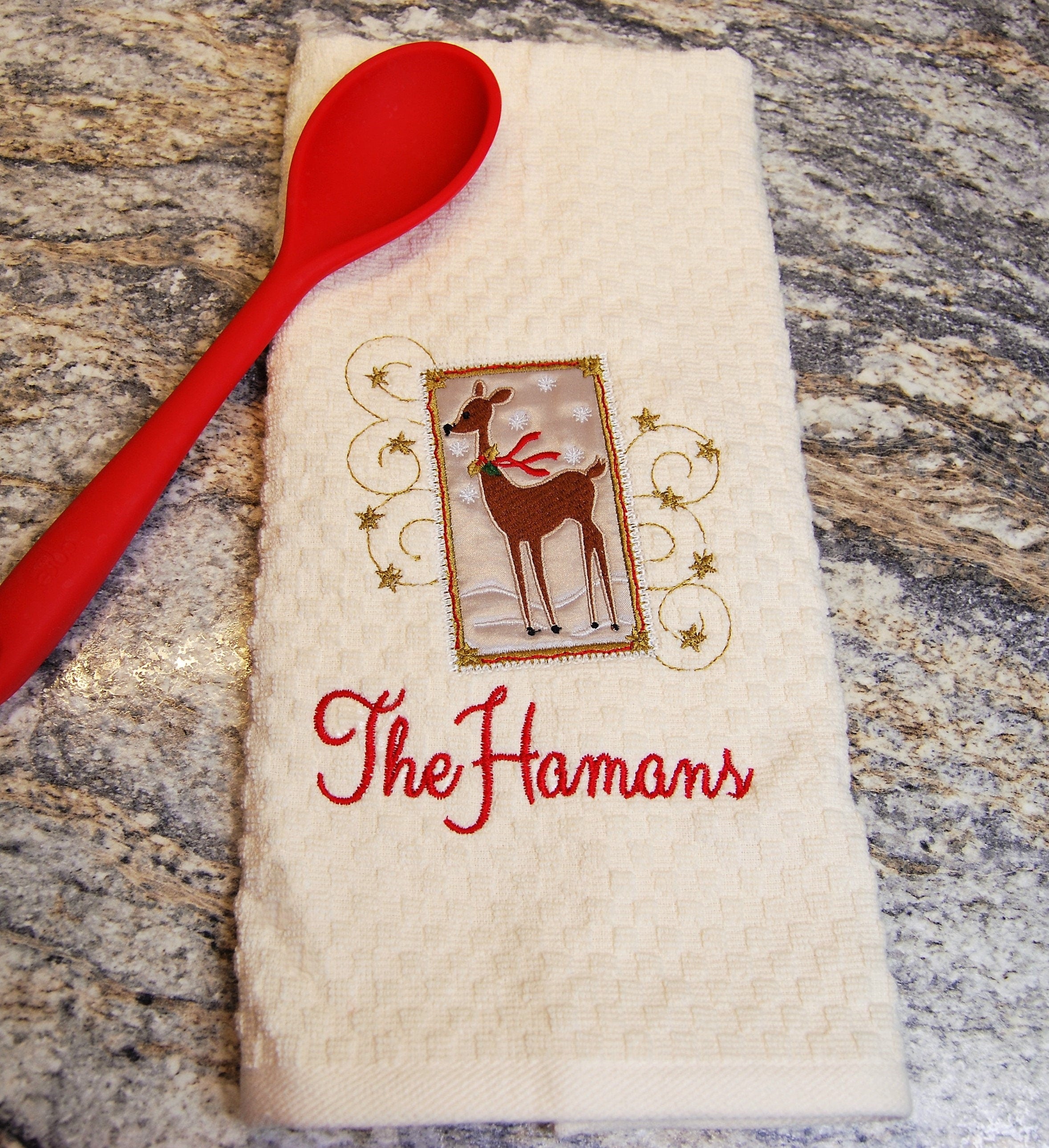 Custom Embroidered Deer with Scarf in Snow Appliqué Kitchen Towel