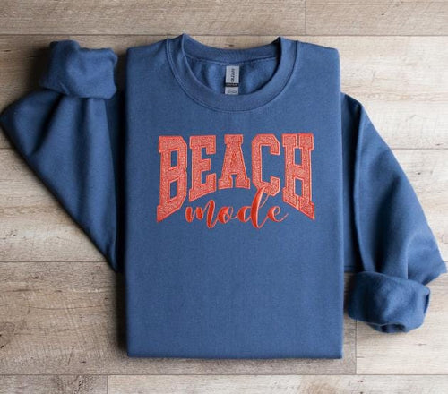 Beach Mode Varsity Letters with Glitter, Glow-in-the-Dark Thread, Embroidered Sweatshirt, Filled Letter Crewneck, FREE US SHIPPING