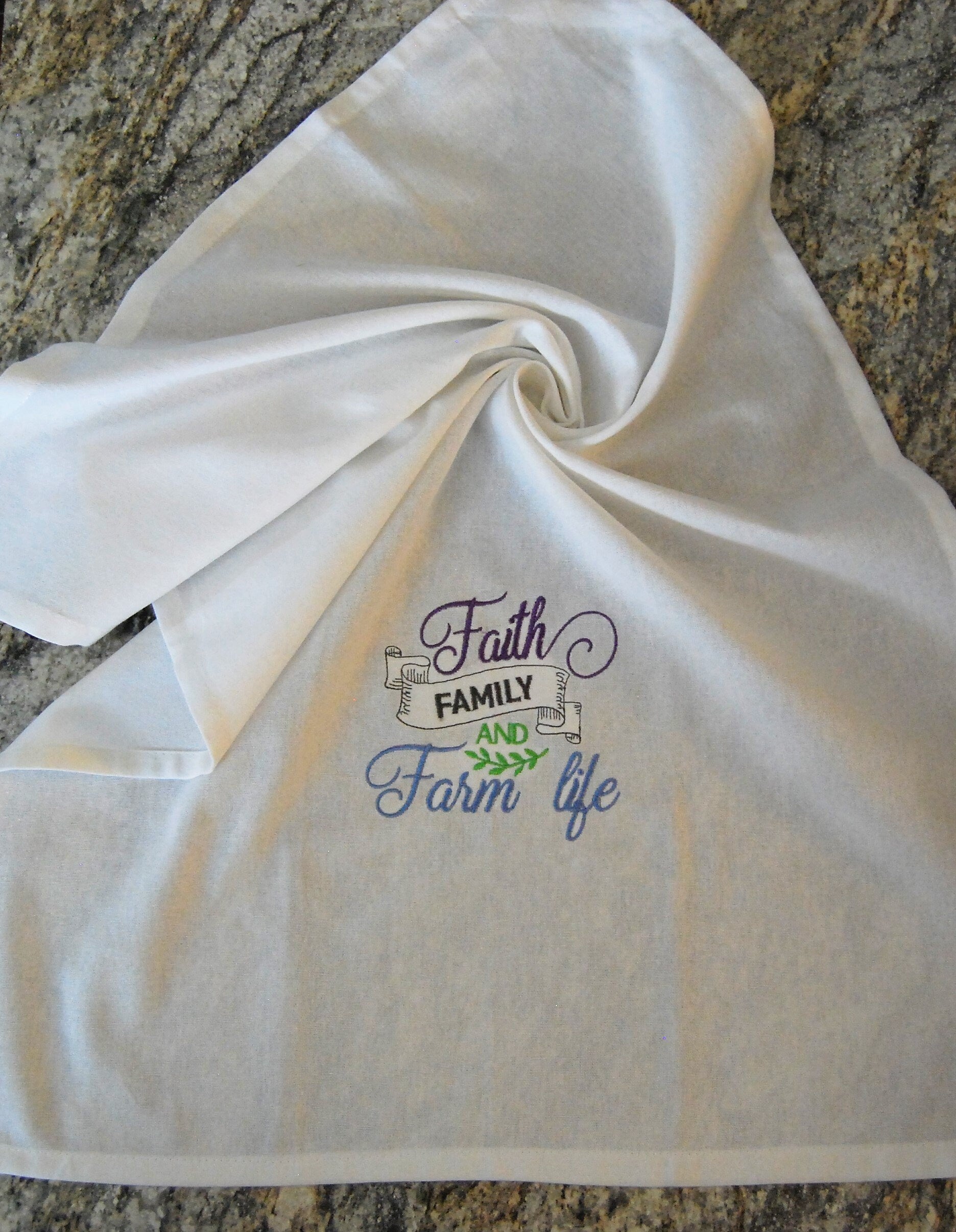 Embroidered “Faith Family and Farm Life” Cotton Flour Sack Kitchen Towel