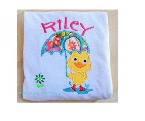 Custom Puddle Duck with Umbrella in Rain Bright Applique Personalized Embroidered White T-Shirt Girls Toddler Children