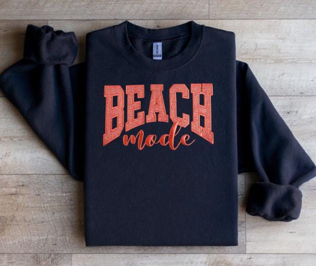 Beach Mode Varsity Letters with Glitter, Glow-in-the-Dark Thread, Embroidered Sweatshirt, Filled Letter Crewneck, FREE US SHIPPING