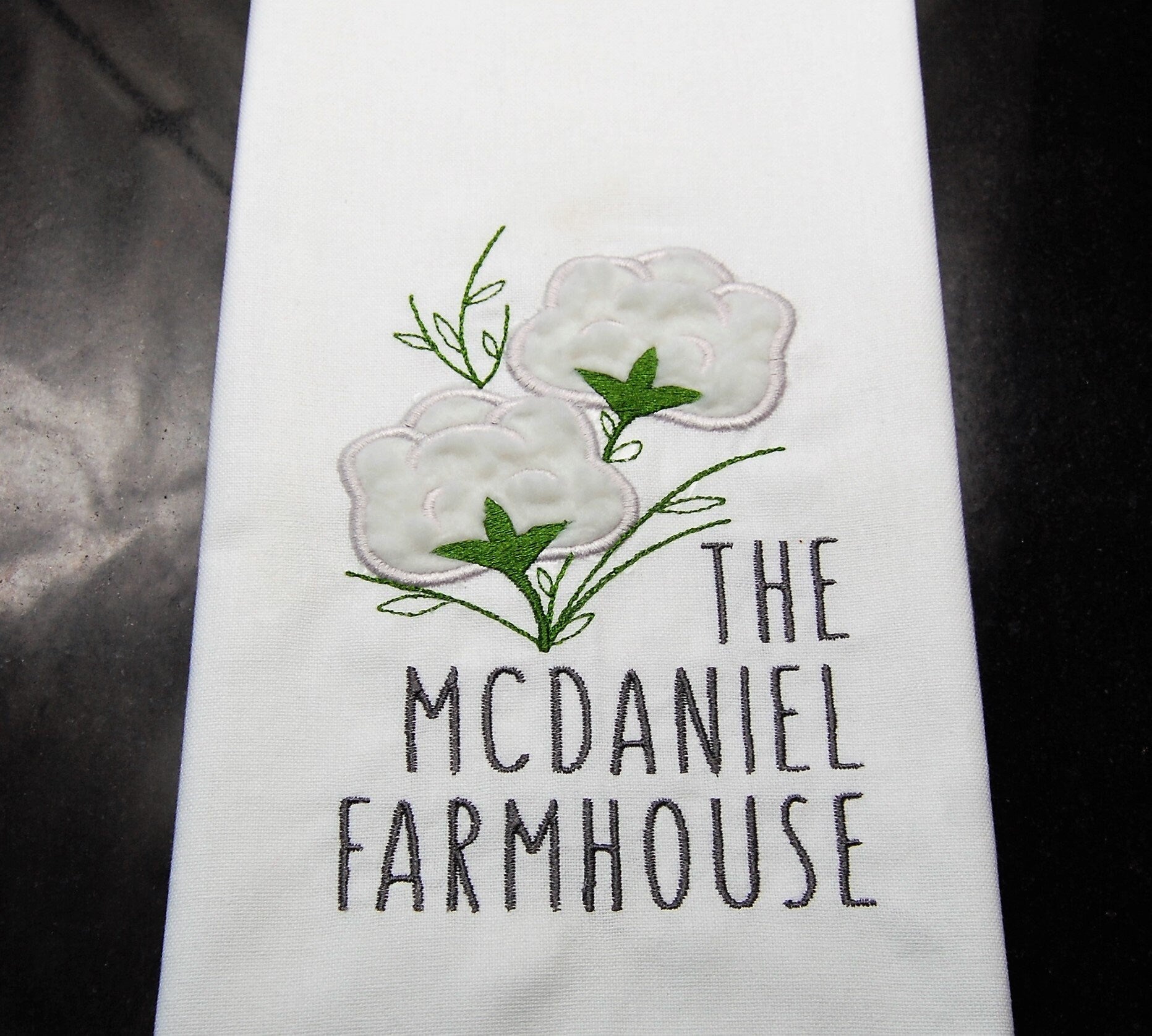 Custom Family Name Embroidered Cotton Plant Appliqué Kitchen Towel