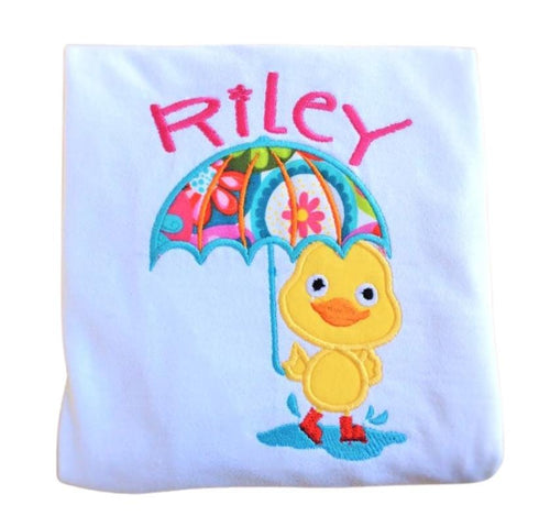 Custom Puddle Duck with Umbrella in Rain Bright Applique Personalized Embroidered White T-Shirt Girls Toddler Children