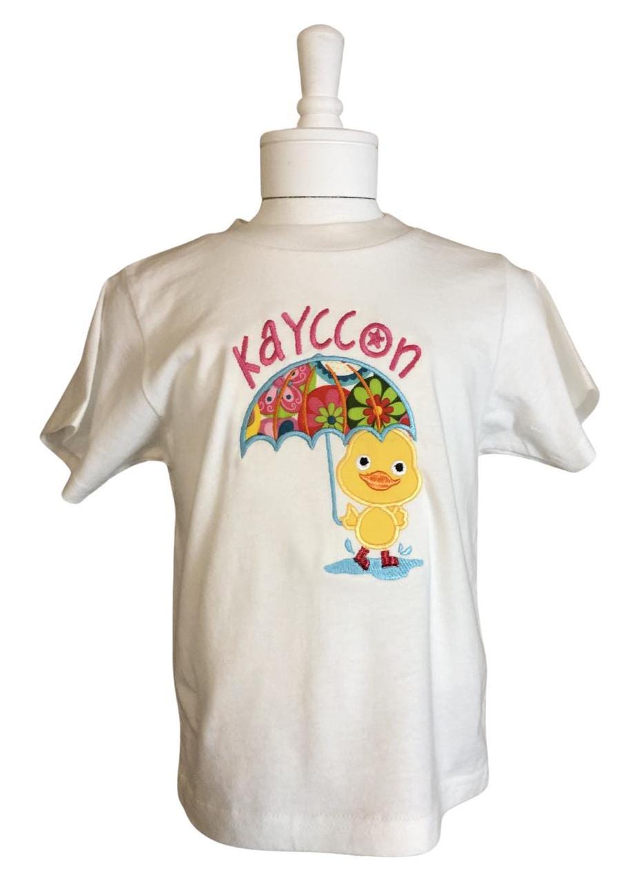 Custom Puddle Duck with Umbrella in Rain Bright Applique Personalized Embroidered White T-Shirt Girls Toddler Children