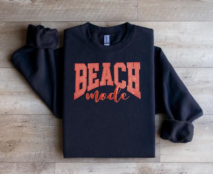 Beach Mode Varsity Letters with Glitter, Glow-in-the-Dark Thread, Embroidered Sweatshirt, Filled Letter Crewneck, FREE US SHIPPING