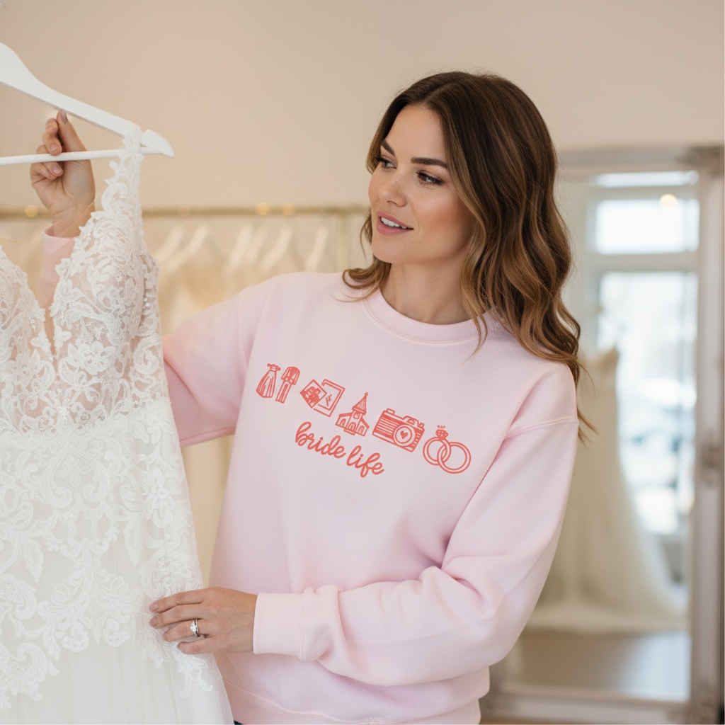 Woman wearing a pink 'bride life' embroidered sweatshirt holding a wedding dress.