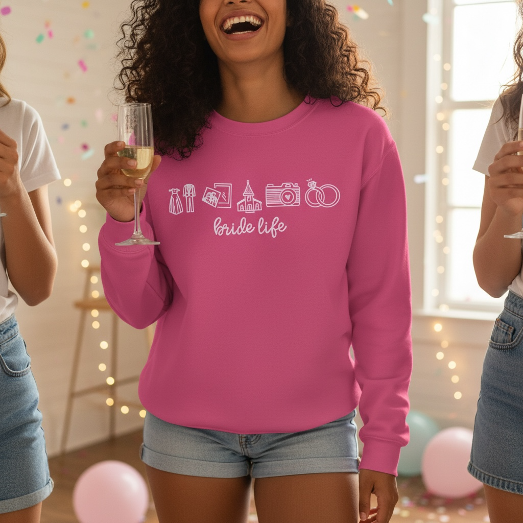 Woman wearing a pink 'bride life' embroidered sweatshirt holding a glass of champagne, surrounded by balloons and lights.