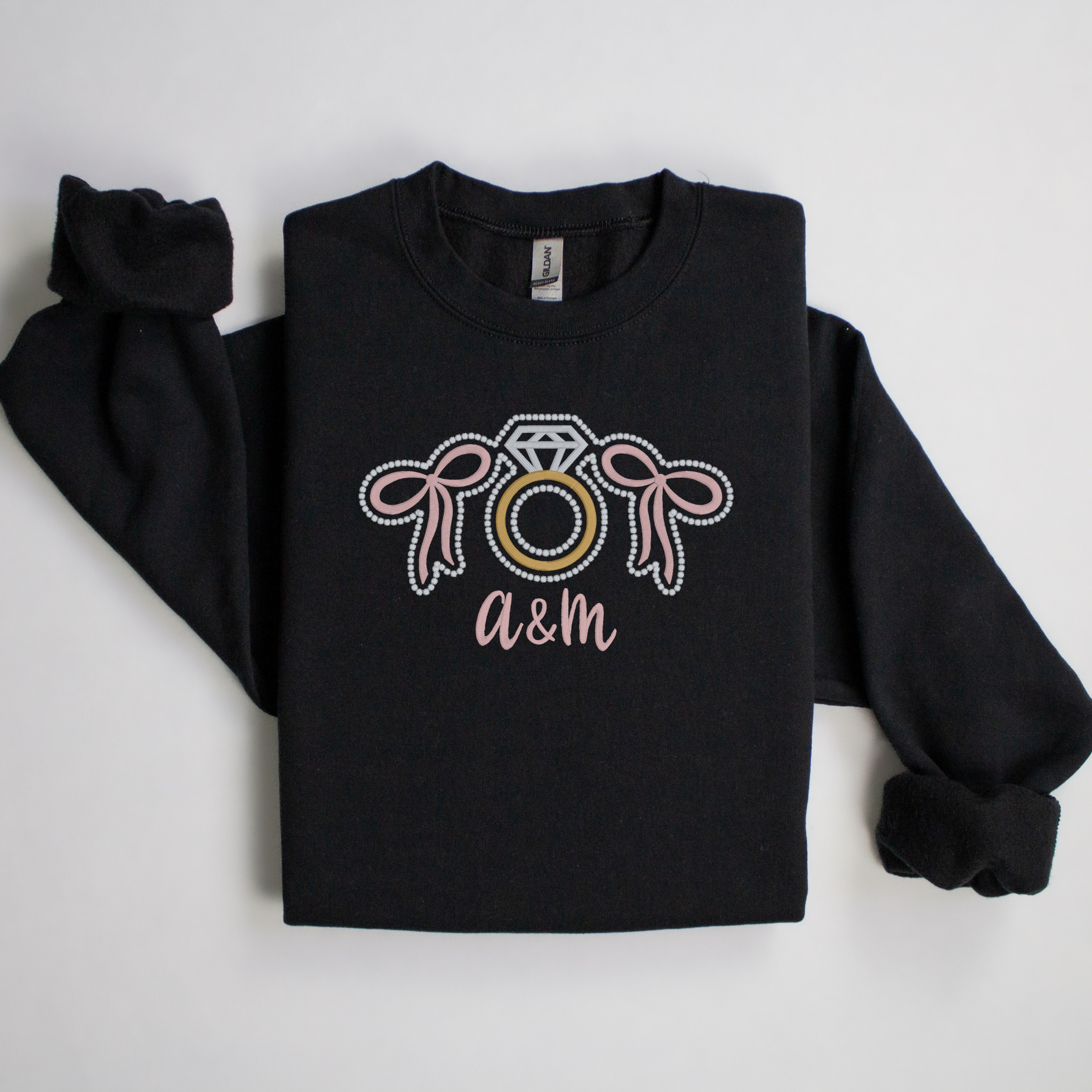 Custom 3D Puff Diamond Ring with Bows Engagement Embroidered Shirt