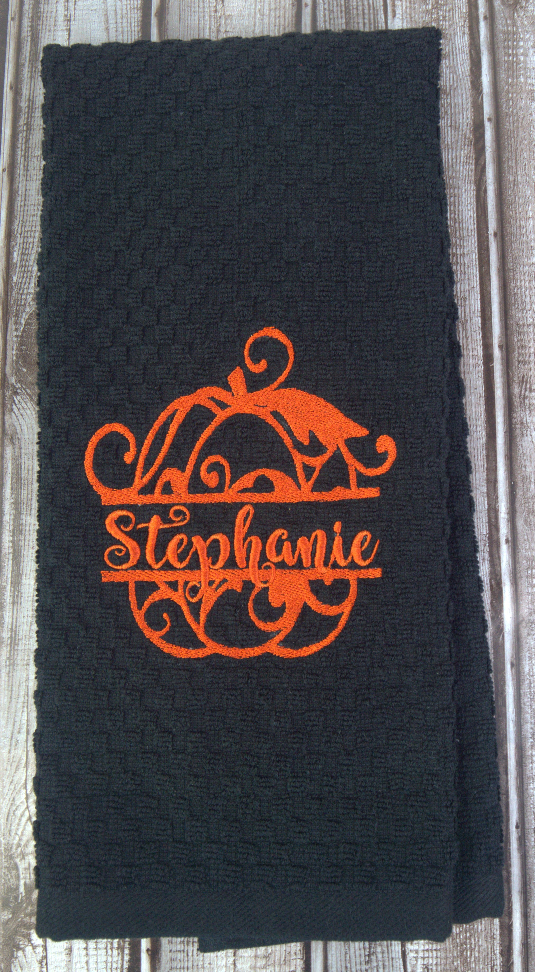 Personalized Whimsical Pumpkin Kitchen Towel – Custom Embroidered Fall Split Pumpkin Dish Towel