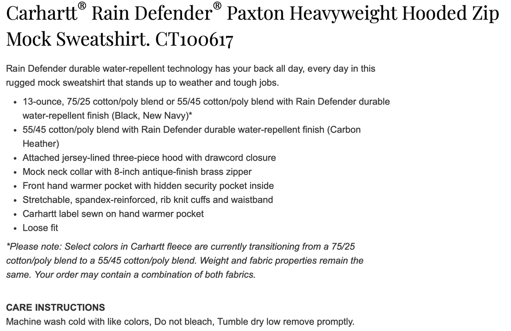 Product description of Carhartt Rain Defender Paxton Heavyweight Hooded Zip Mock Sweatshirt on a white background