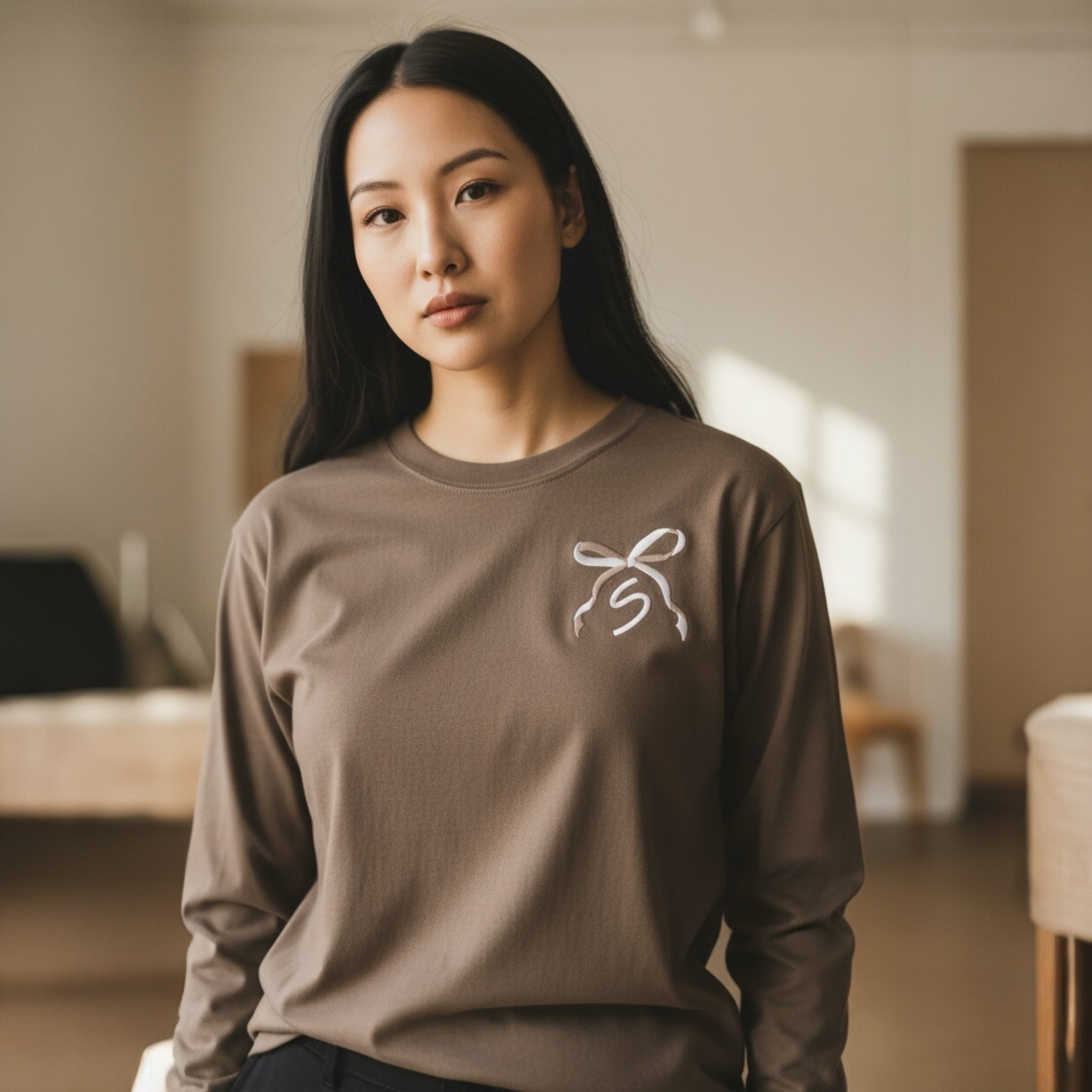 Custom Initial with Two-Toned Bow | Embroidered Long Sleeve Shirt