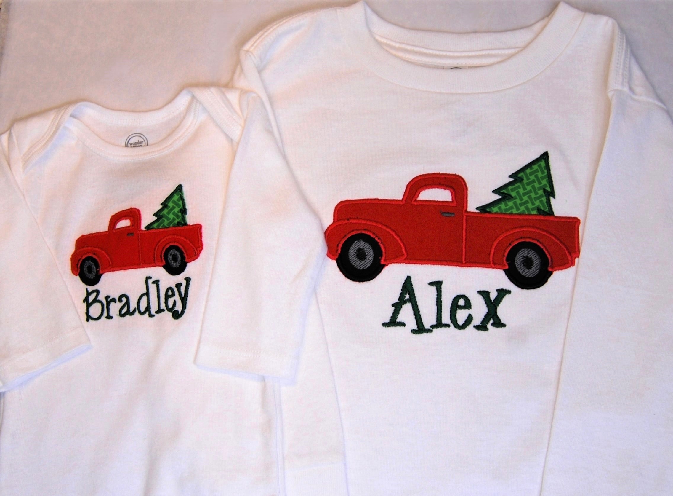 Custom Embroidered Appliqué Christmas Vintage Truck Children’s Shirt – Personalized Holiday Outfit
