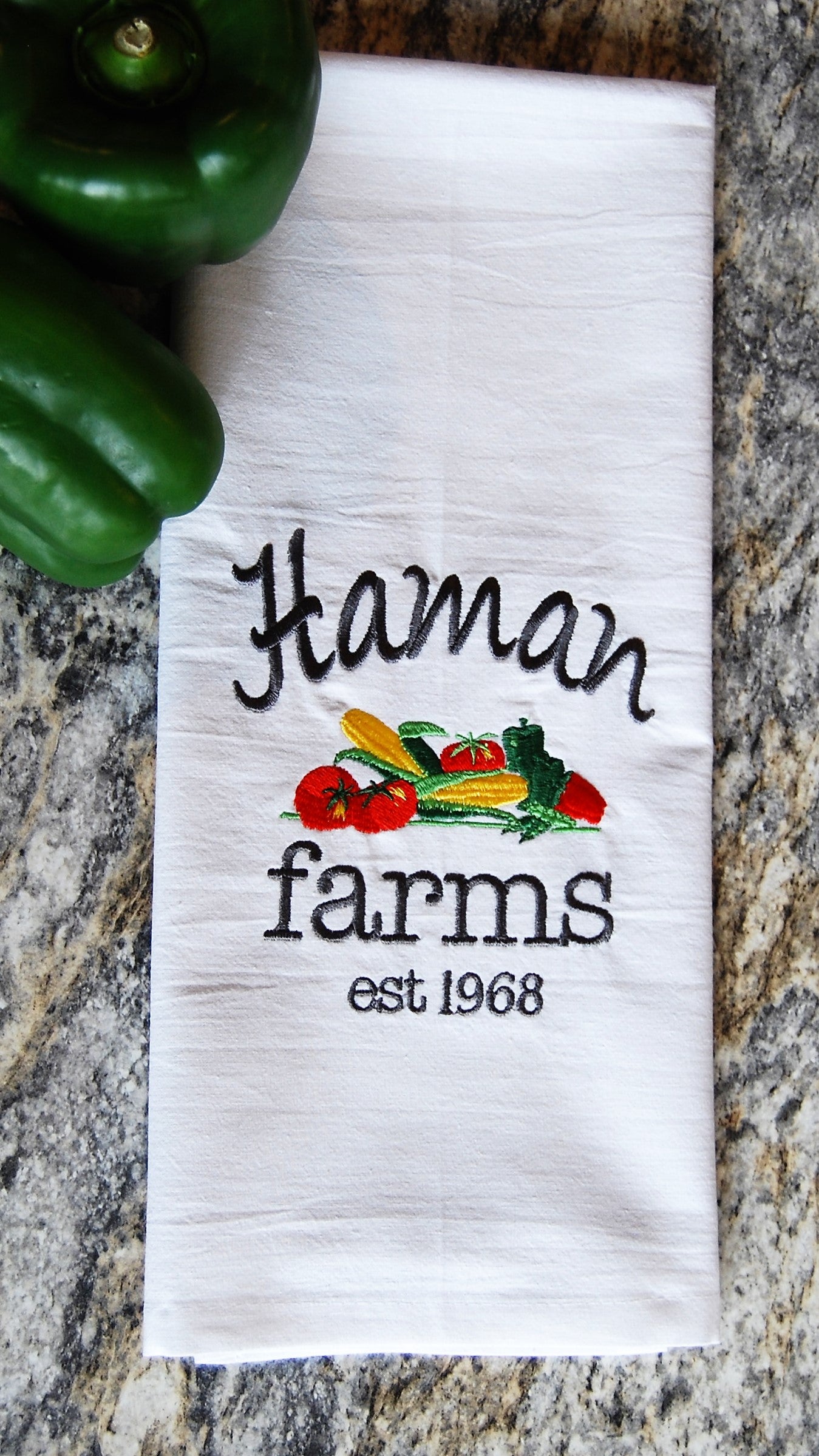 Custom “Farms” Kitchen Towel – Personalized Embroidered Family Farm Flour Sack Dish Towel
