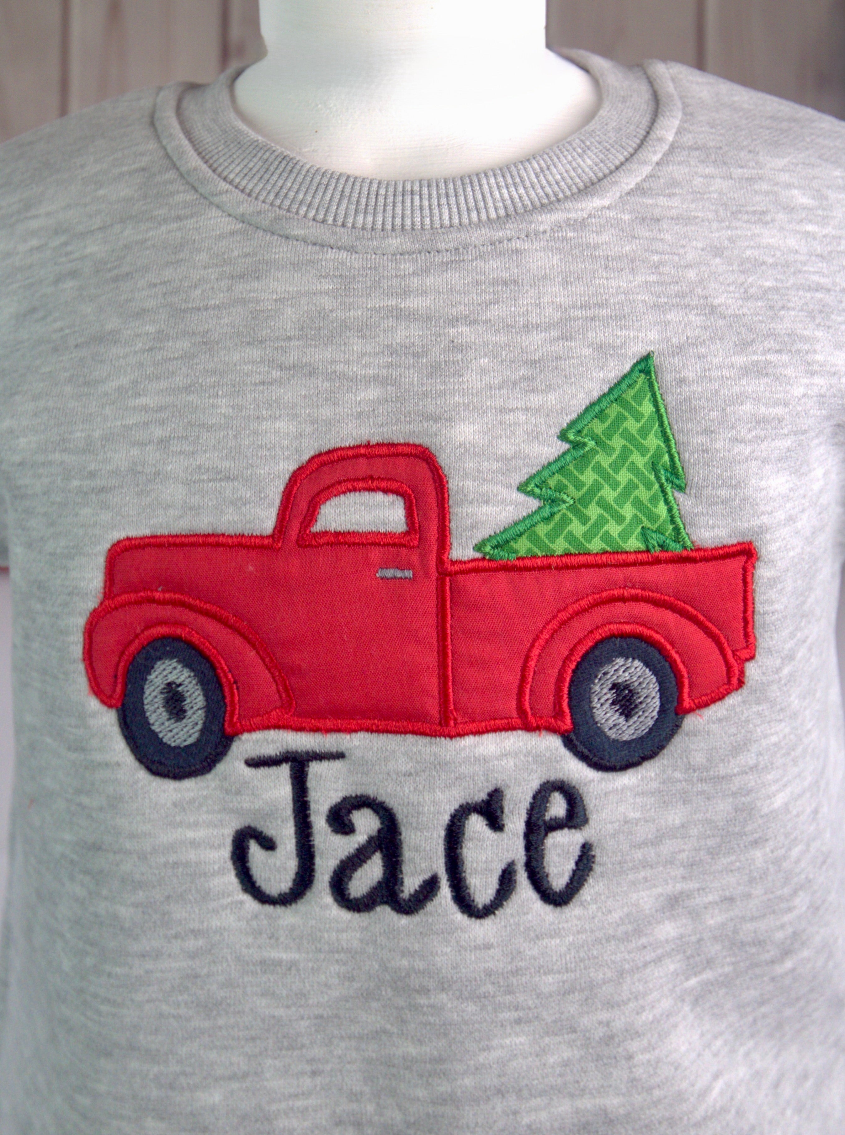 Custom Embroidered Appliqué Christmas Vintage Truck Children’s Shirt – Personalized Holiday Outfit