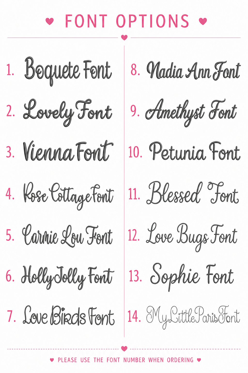 List of font options with heart symbols and text