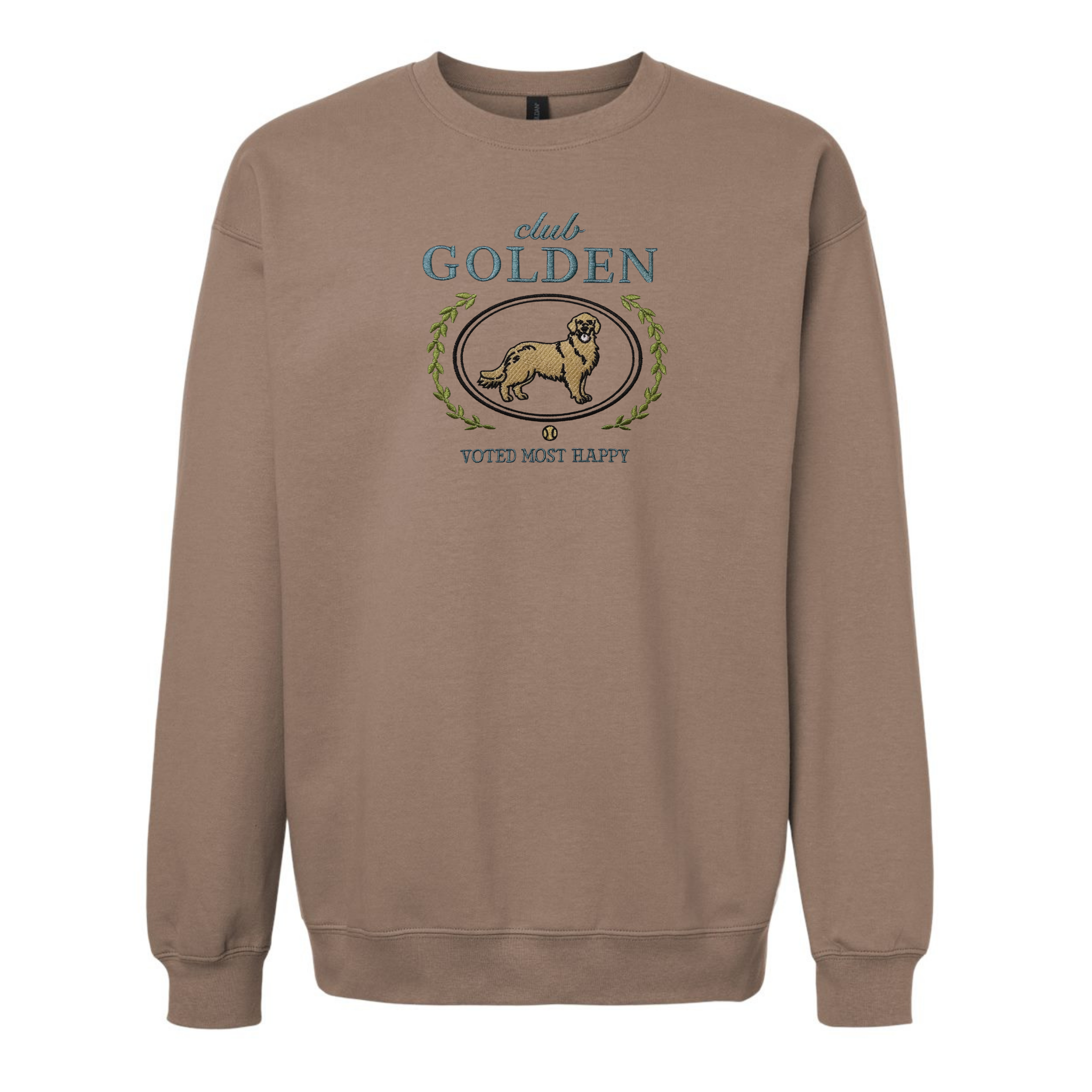 Club Golden Embroidered Sweatshirt “Voted Most Happy” Cozy Crewneck for Dog Lovers