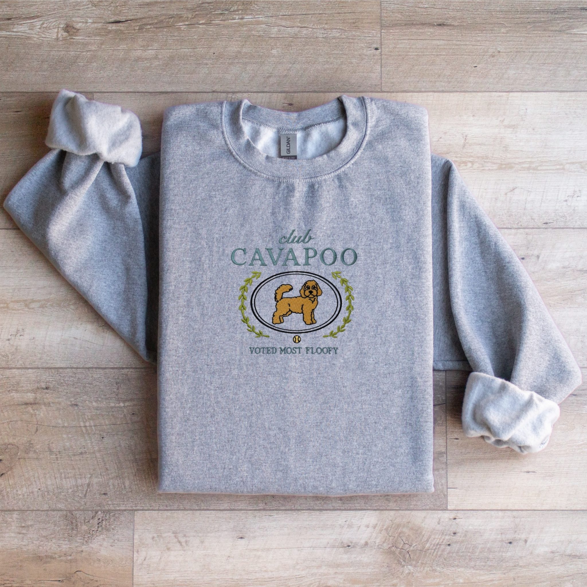 Club Cavapoo Embroidered Sweatshirt “Voted Most Floofy” Cozy Crewneck for Dog Lovers