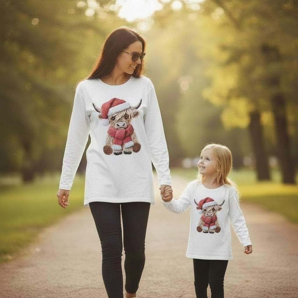 Kids Highland Cow 3D Faux Yarn Christmas Shirt