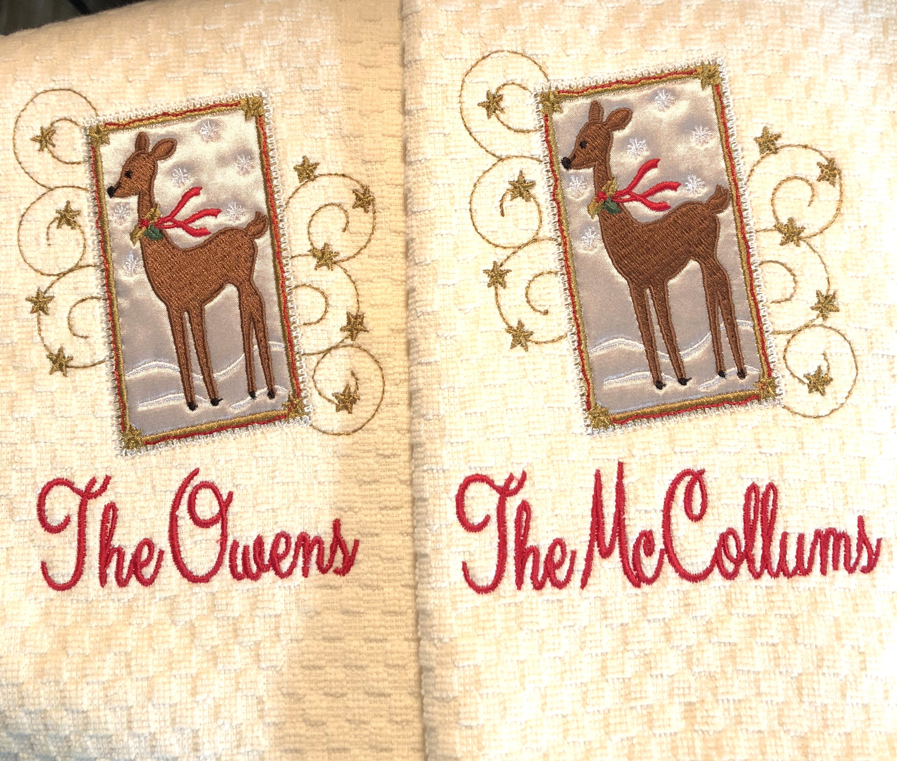 Custom Embroidered Deer with Scarf in Snow Appliqué Kitchen Towel