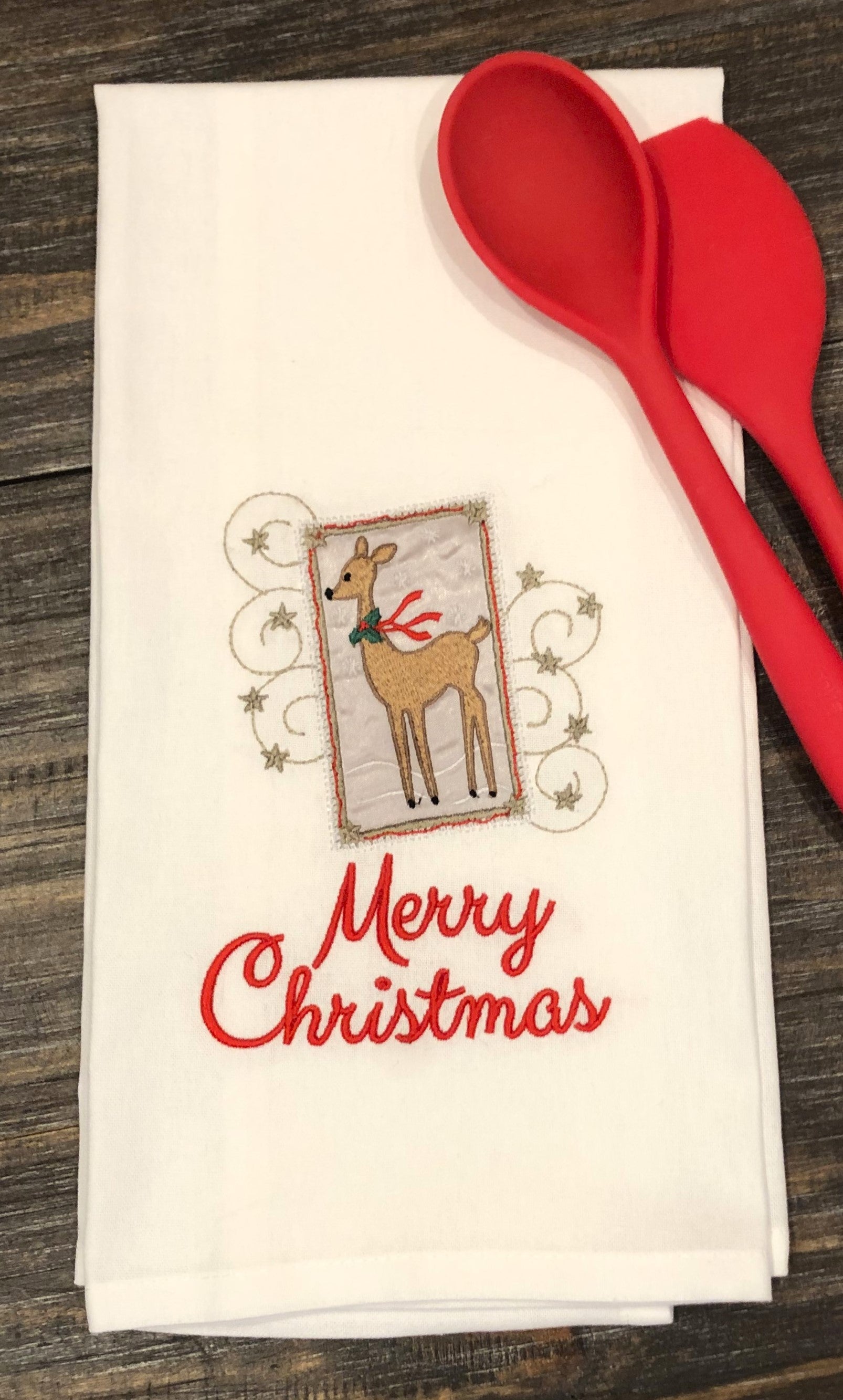 Custom Embroidered Deer with Scarf in Snow Appliqué Kitchen Towel