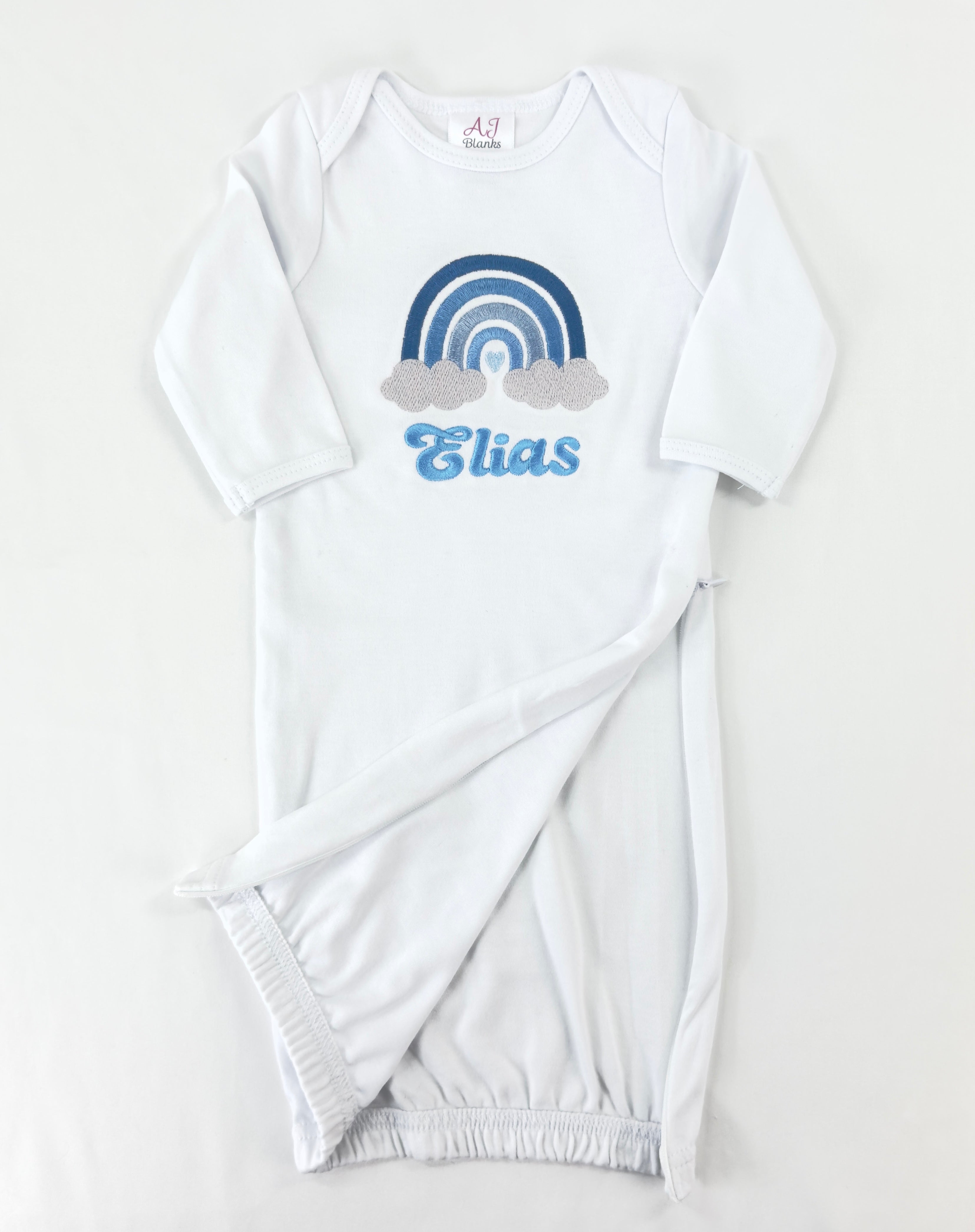 Custom Rainbow Embroidered Zippered Baby Gown – Personalized Newborn Outfit