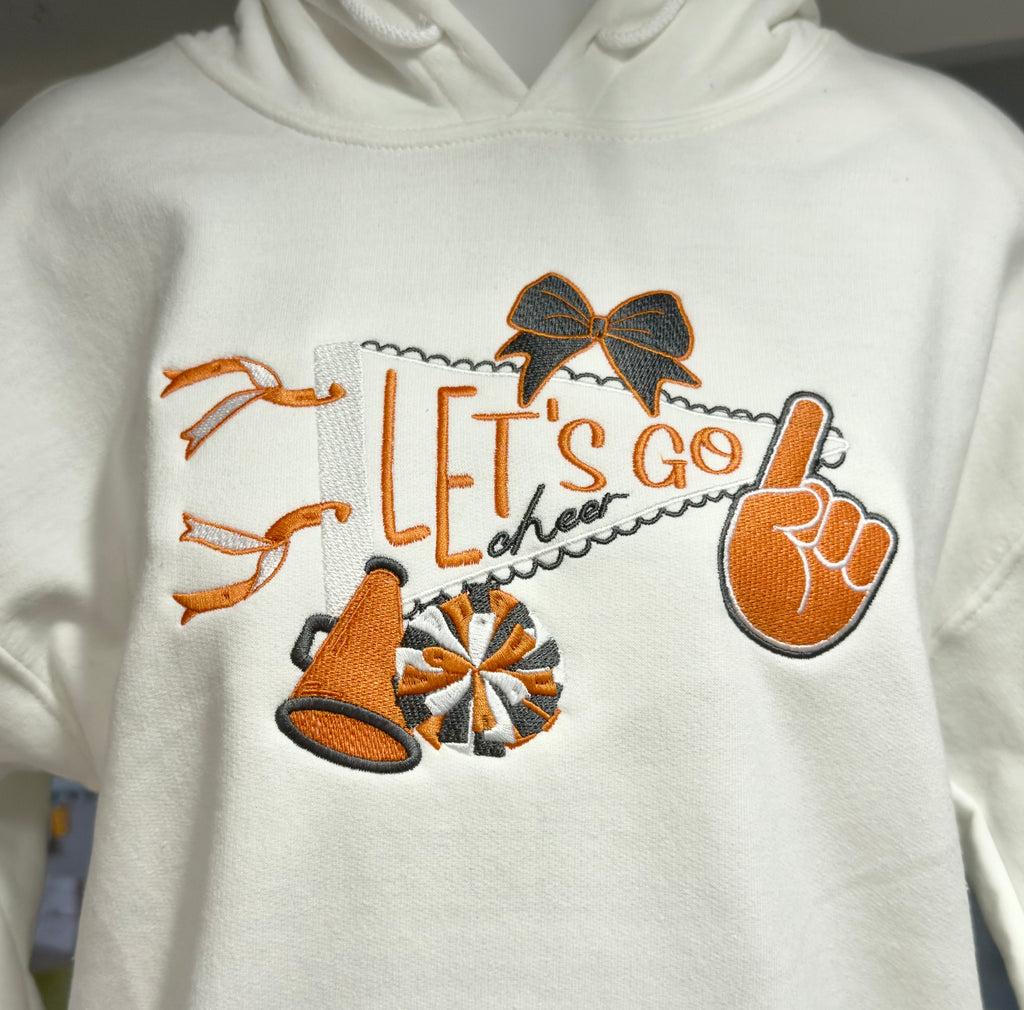 Let’s Go Pennant Cheer Hoodie – Embroidered Megaphone, Pompom & Bow Sweatshirt