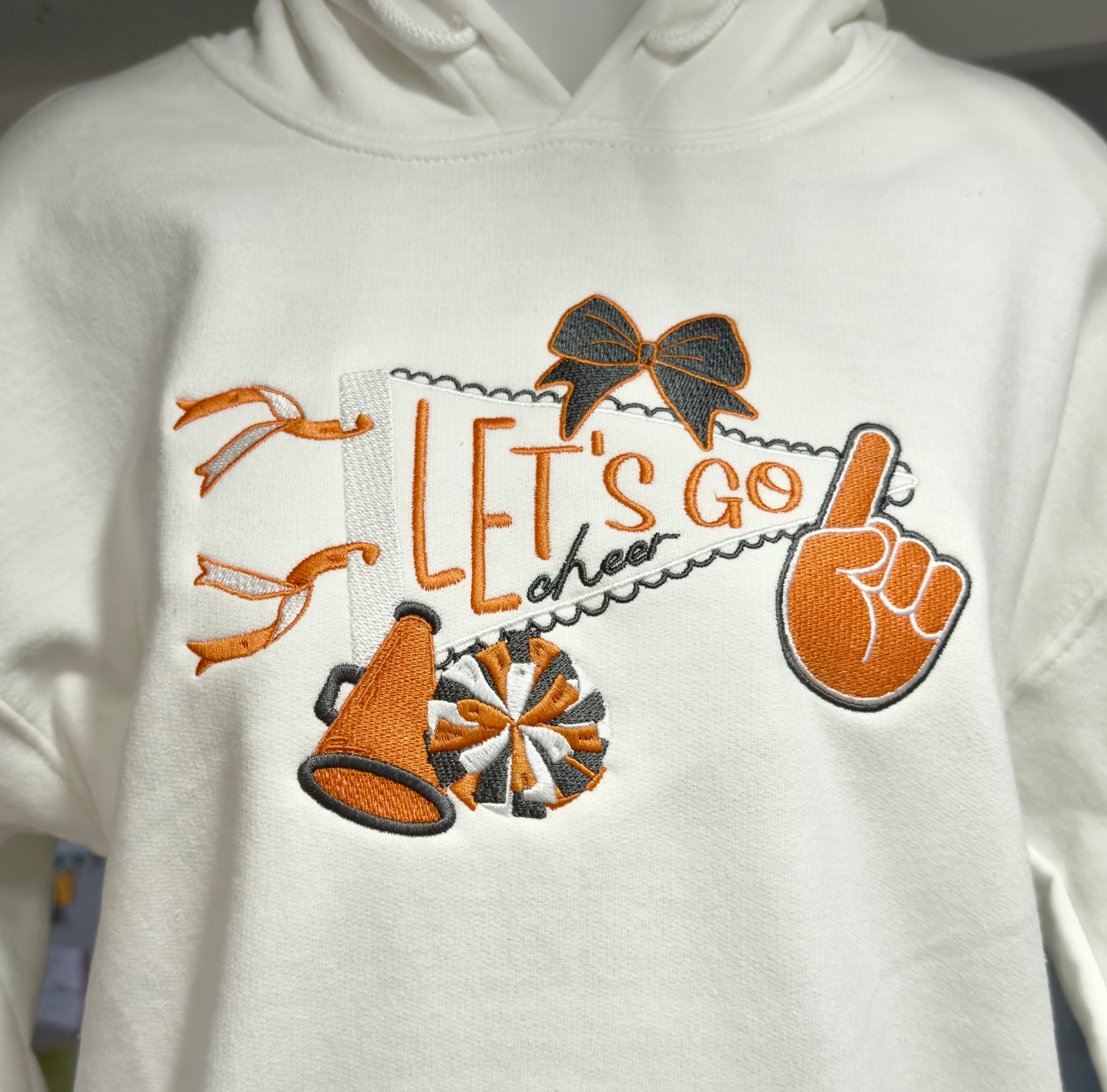 Let’s Go Pennant Cheer Hoodie – Embroidered Megaphone, Pompom & Bow Sweatshirt