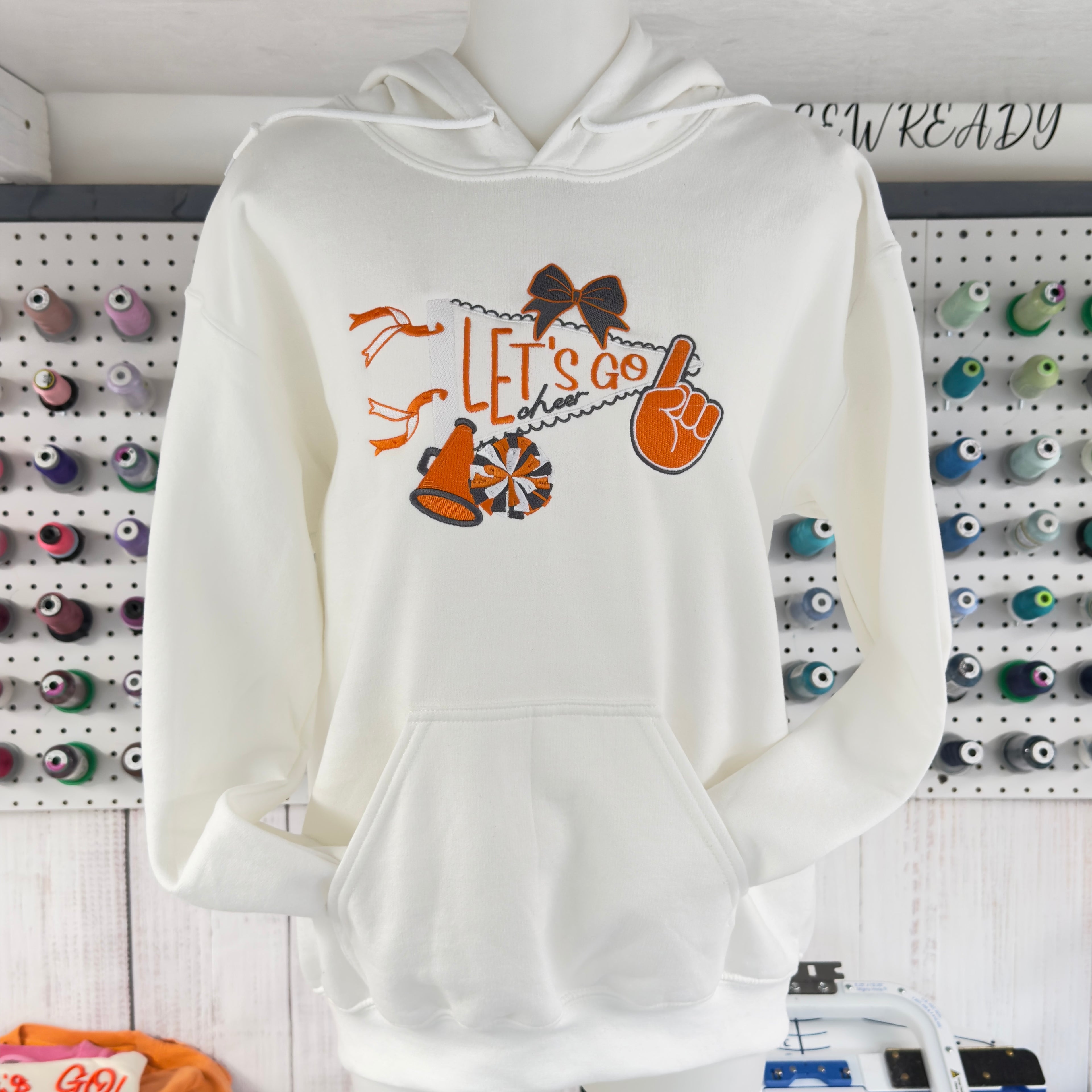 Let’s Go Pennant Cheer Hoodie – Embroidered Megaphone, Pompom & Bow Sweatshirt