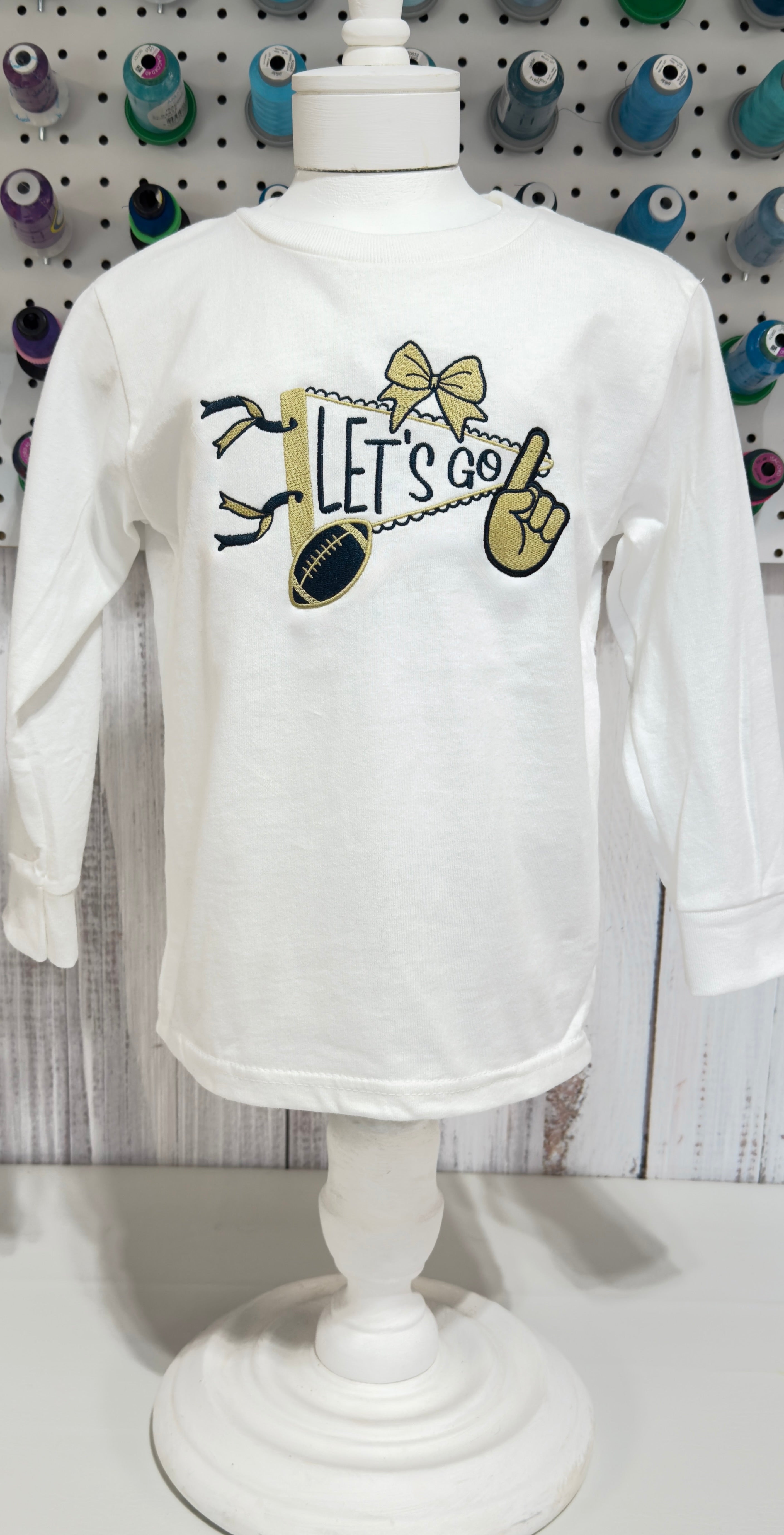 Custom Kids "Let's Go" Pennant with Football Megaphone Pointer and Bow Embroidered T-Shirt