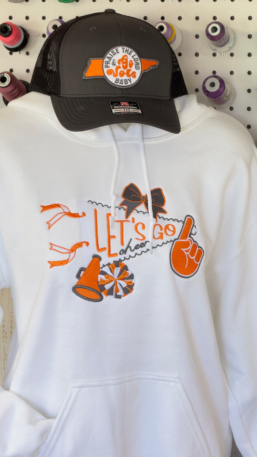 Let’s Go Pennant Cheer Hoodie – Embroidered Megaphone, Pompom & Bow Sweatshirt