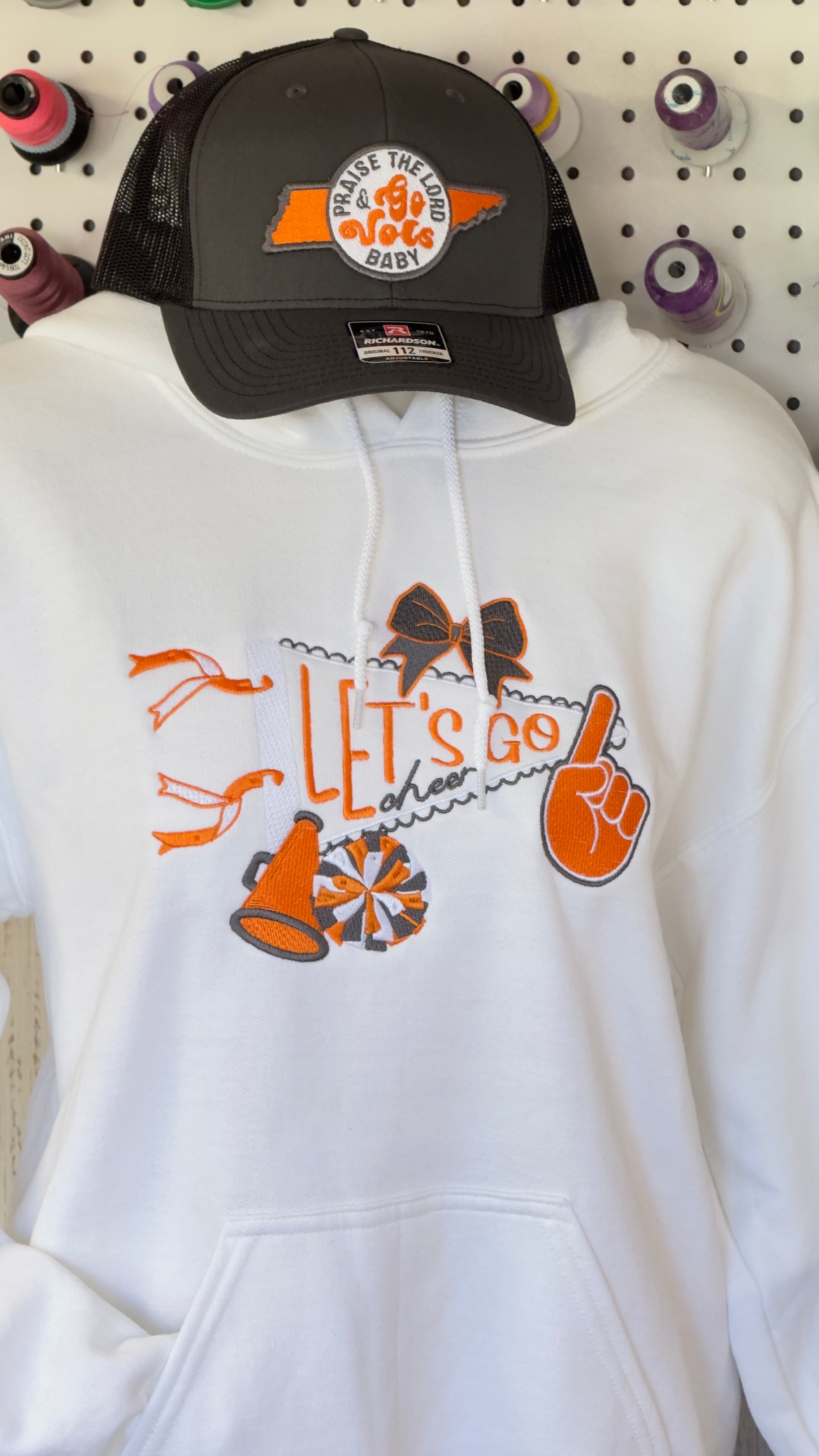 Let’s Go Pennant Cheer Hoodie – Embroidered Megaphone, Pompom & Bow Sweatshirt