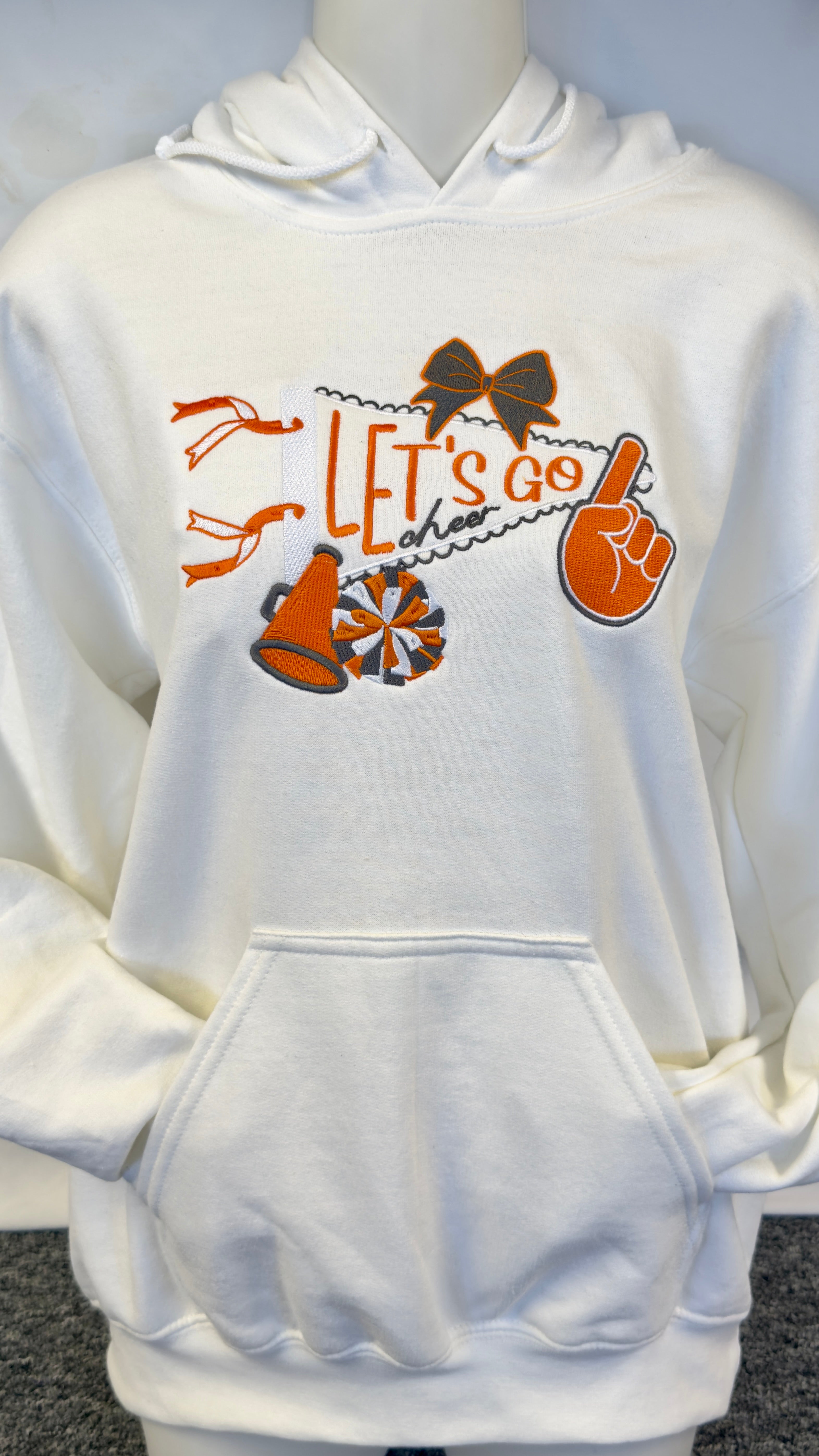 Let’s Go Pennant Cheer Hoodie – Embroidered Megaphone, Pompom & Bow Sweatshirt