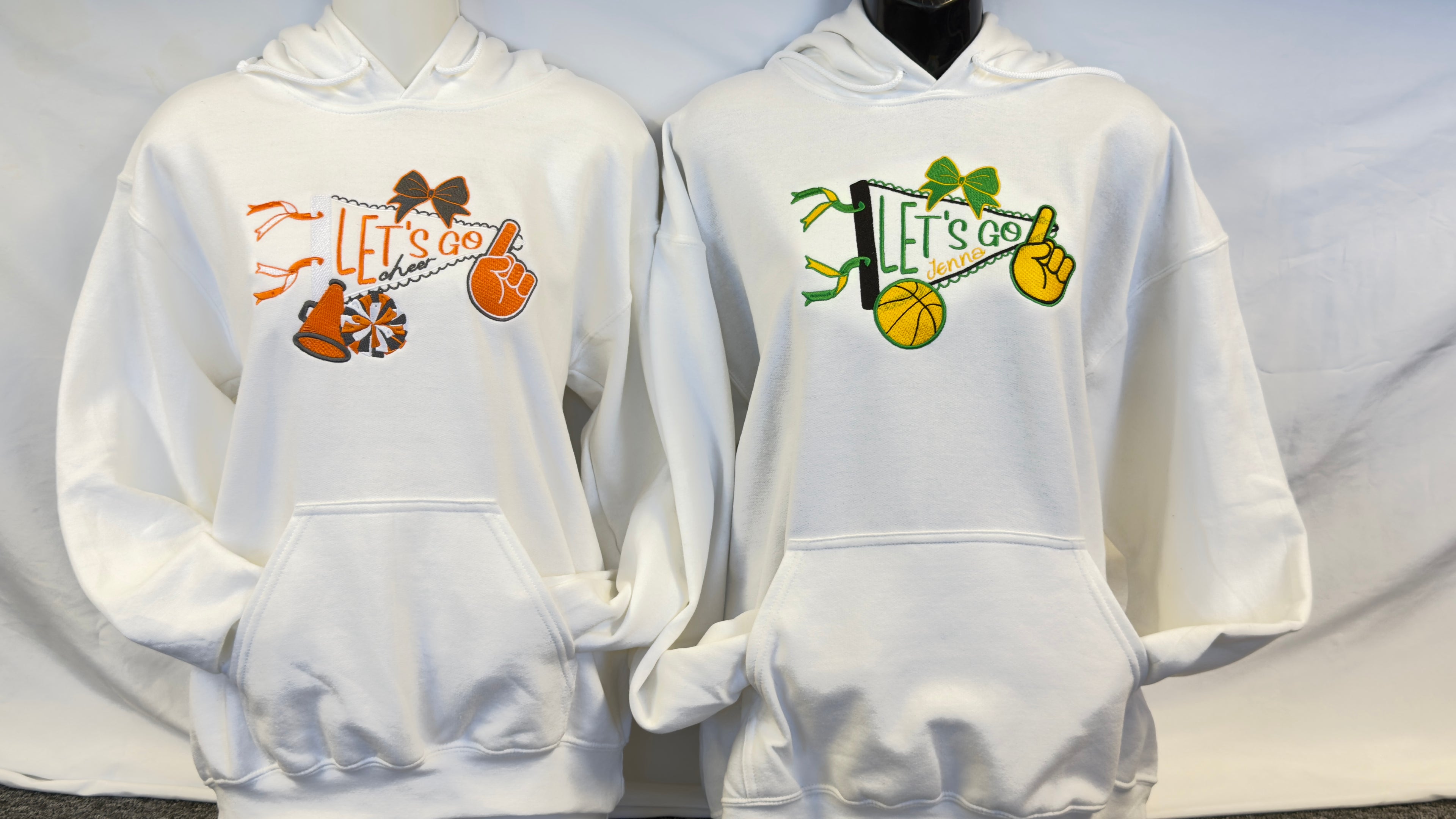 Let’s Go Pennant Cheer Hoodie – Embroidered Megaphone, Pompom & Bow Sweatshirt