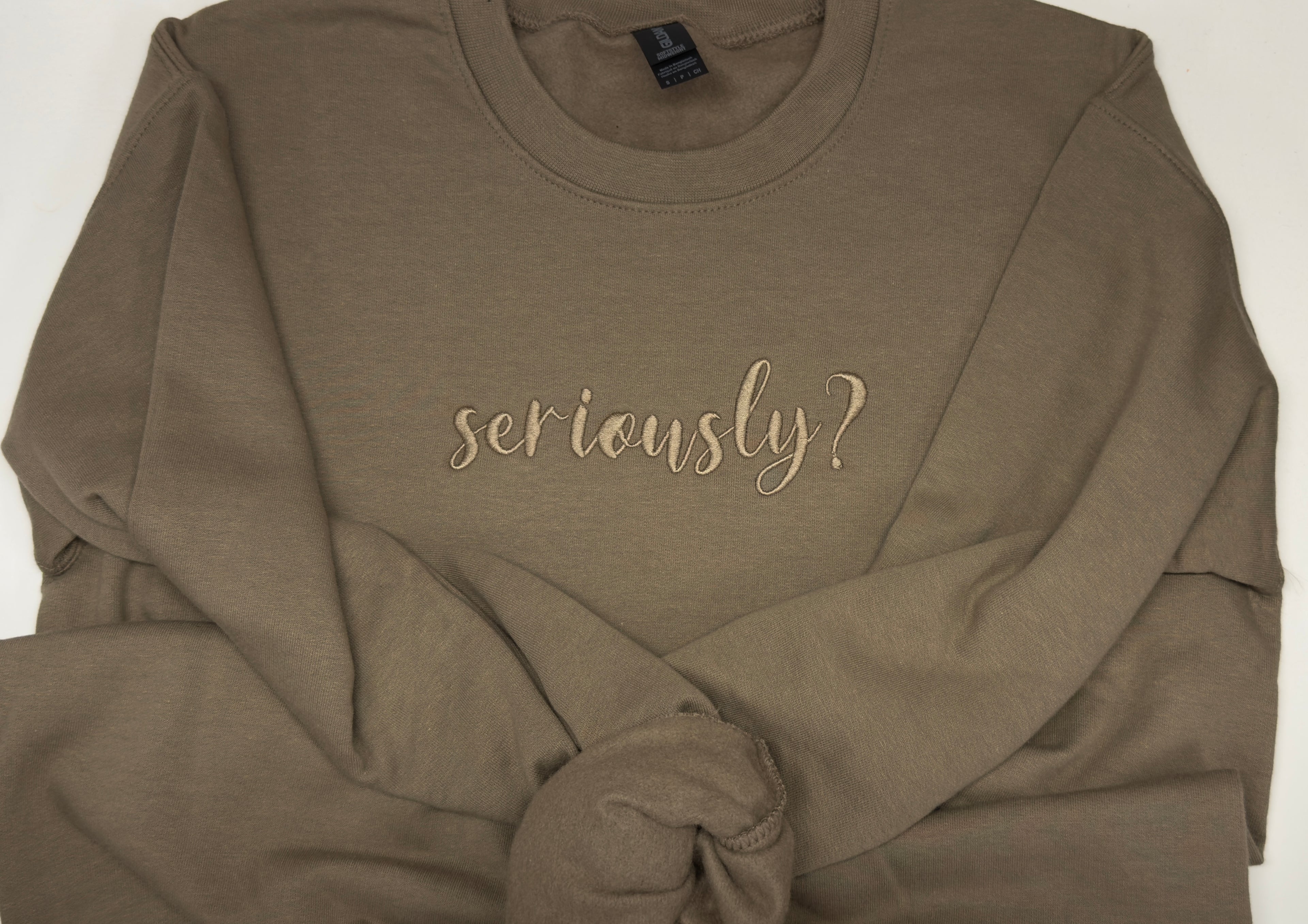 Embroidered “Seriously?” Sweatshirt – Tone on Tone Fall Colors
