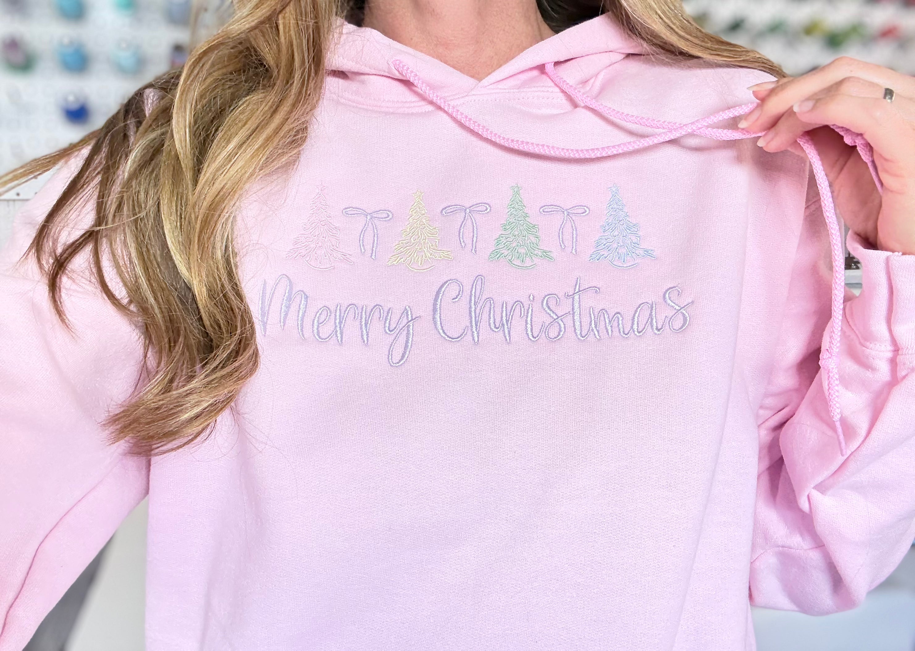 Merry Christmas Embroidered Hoodie with Bows