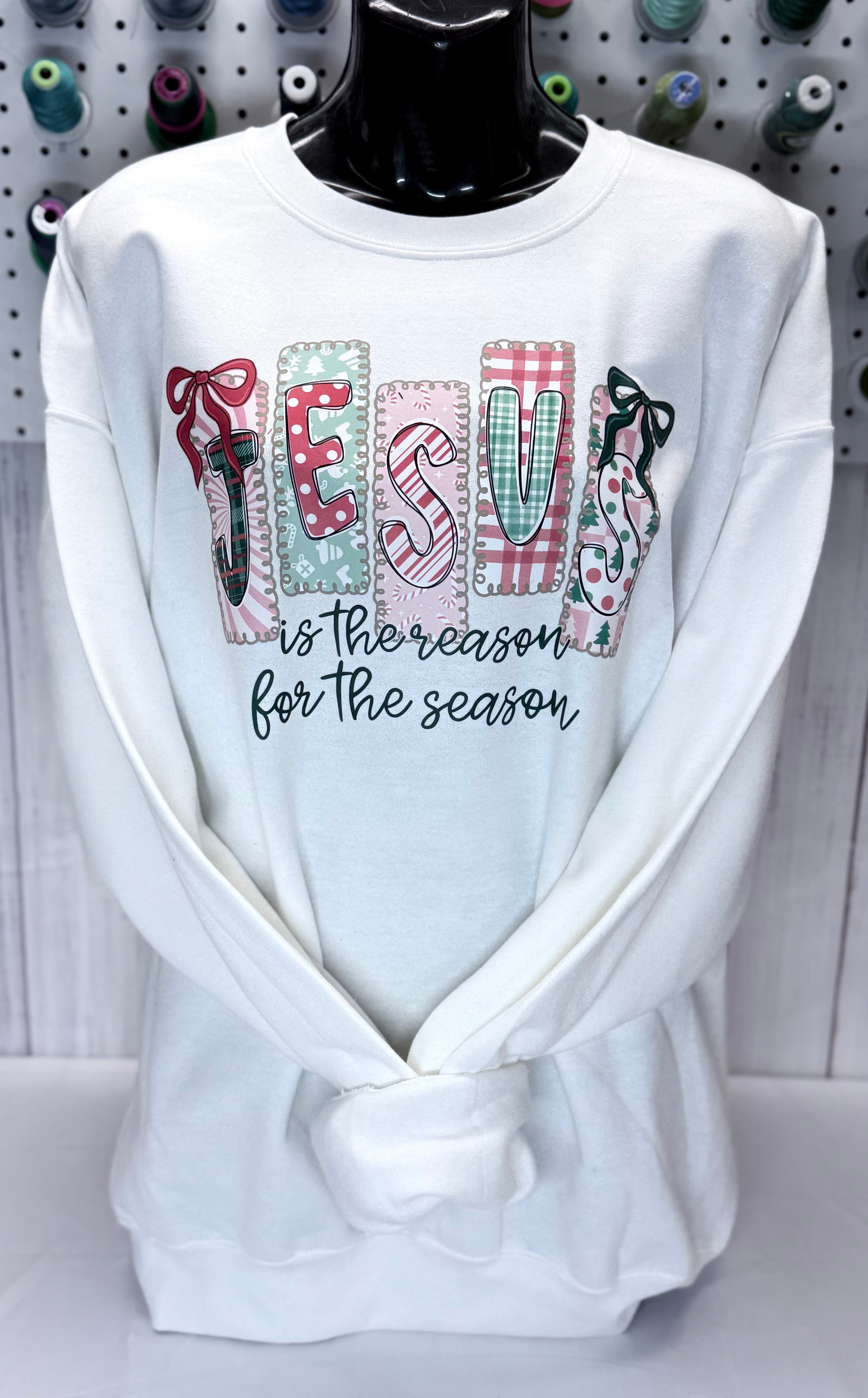 Jesus Is the Reason for the Season Christmas Sweatshirt Whimsical Bow Design