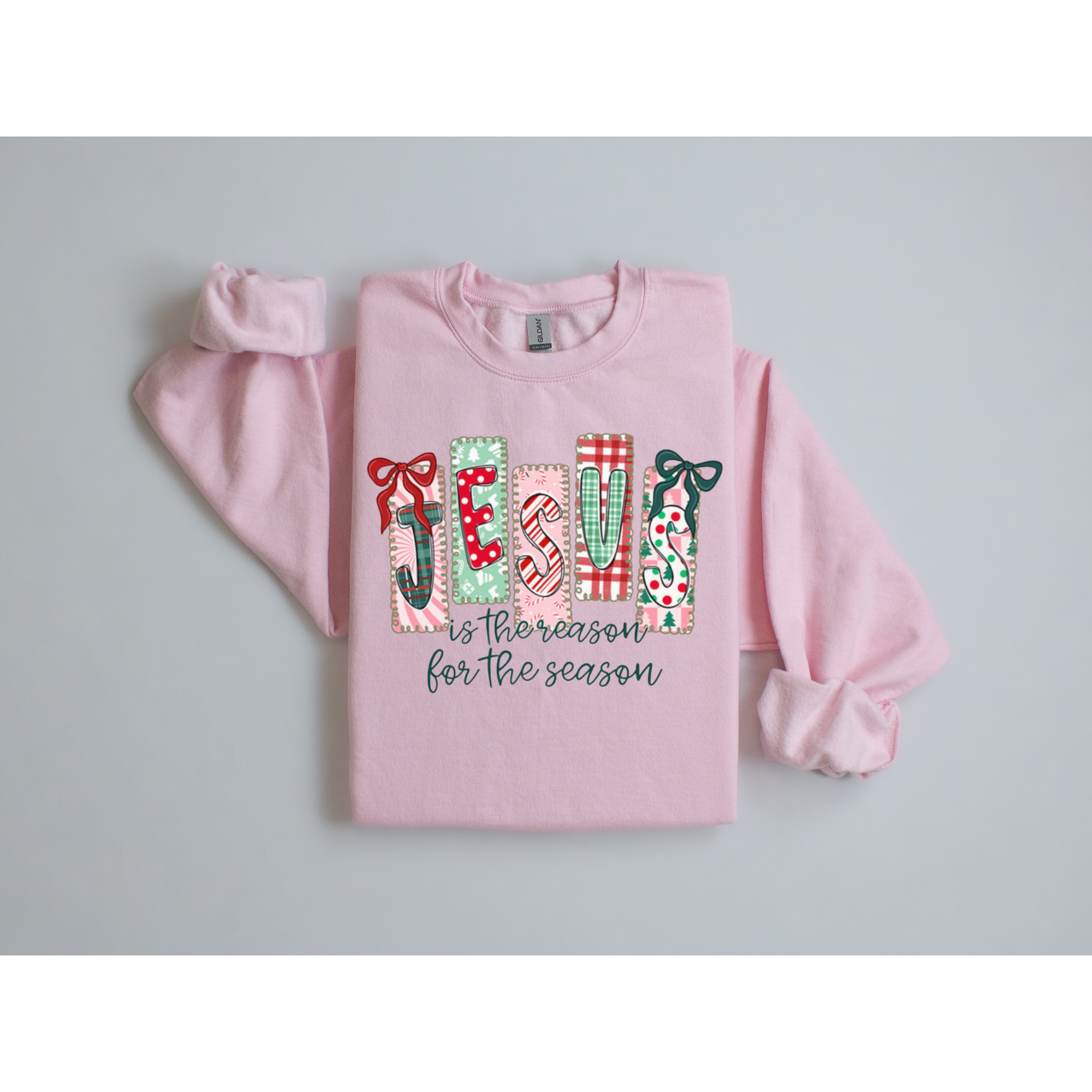 Jesus Is the Reason for the Season Christmas Sweatshirt Whimsical Bow Design