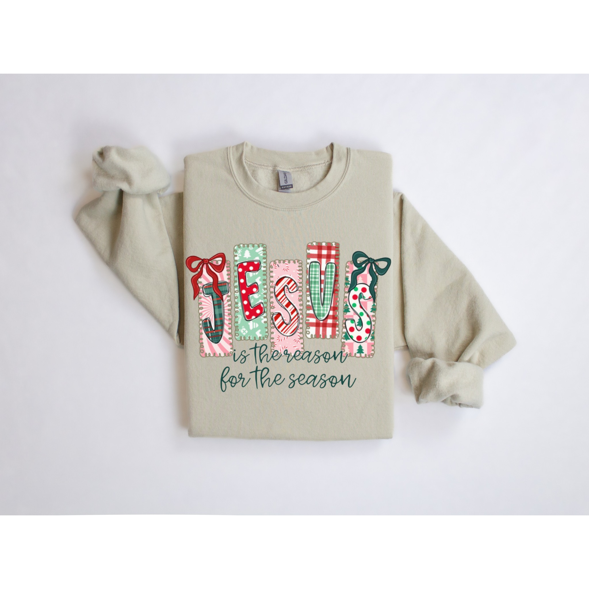 Jesus Is the Reason for the Season Christmas Sweatshirt Whimsical Bow Design