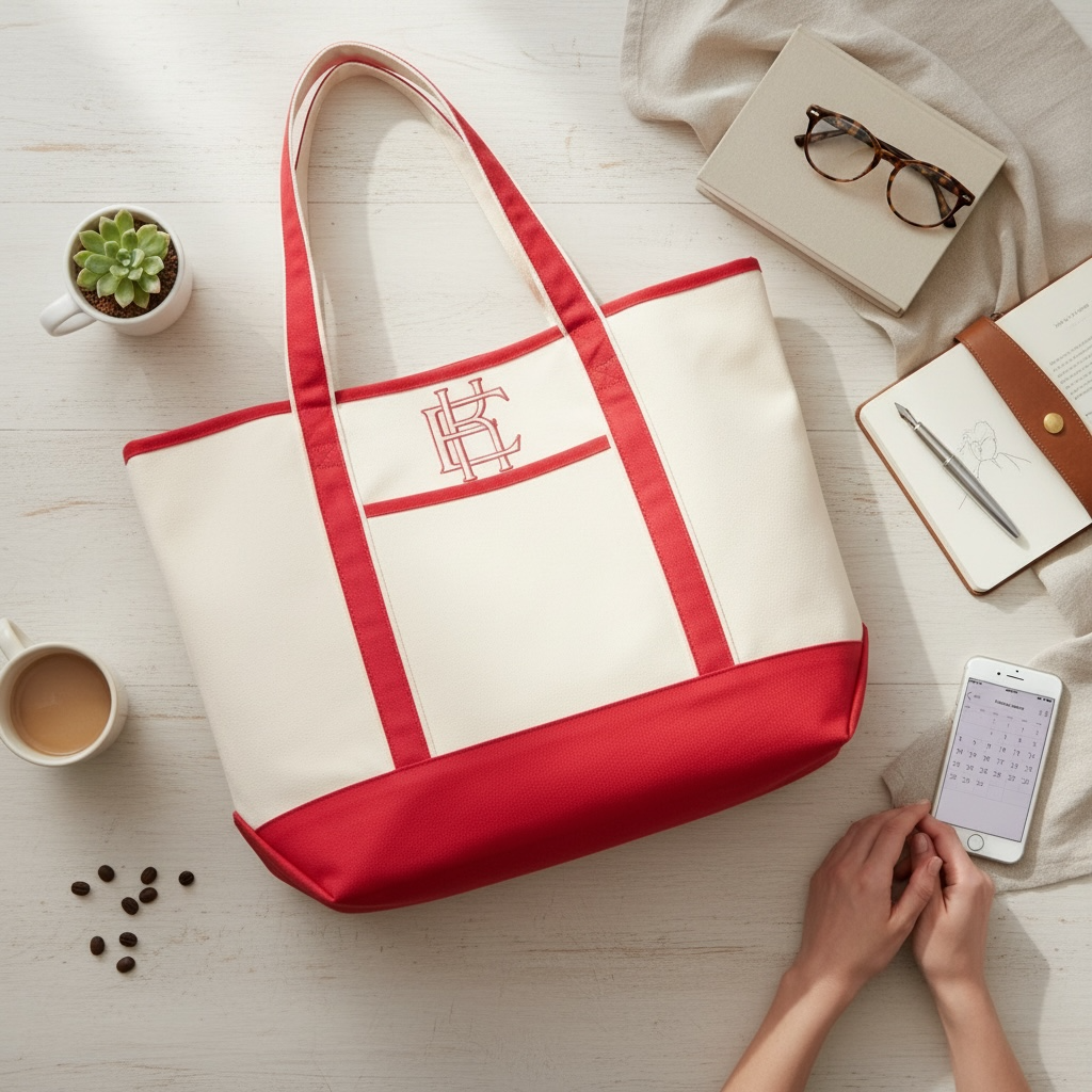 Red and canvas tote bag on a table with coffee, phone, and glasses.