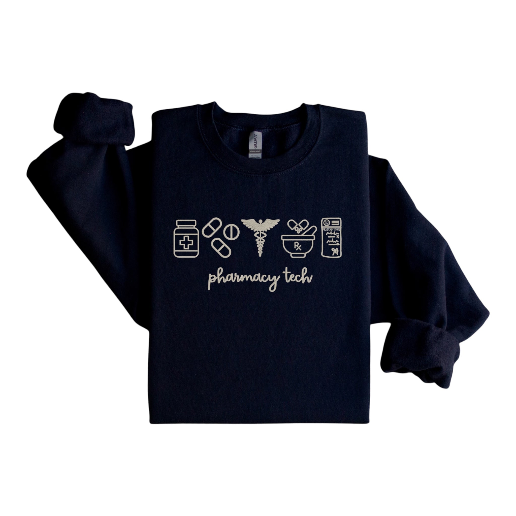 Pharmacy Tech with Icons Embroidered Sweatshirt Medical Career Crewneck