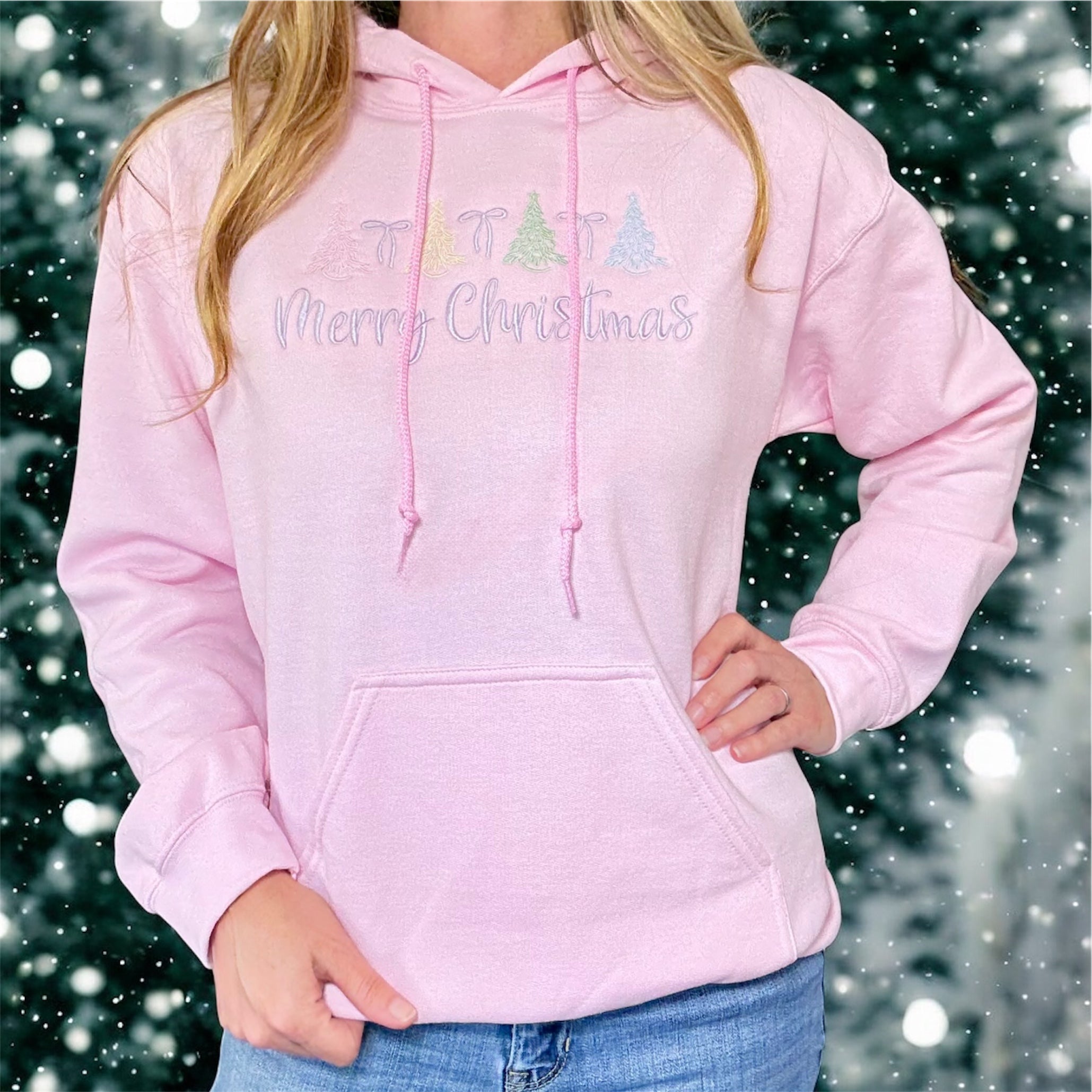 Merry Christmas Embroidered Hoodie with Bows