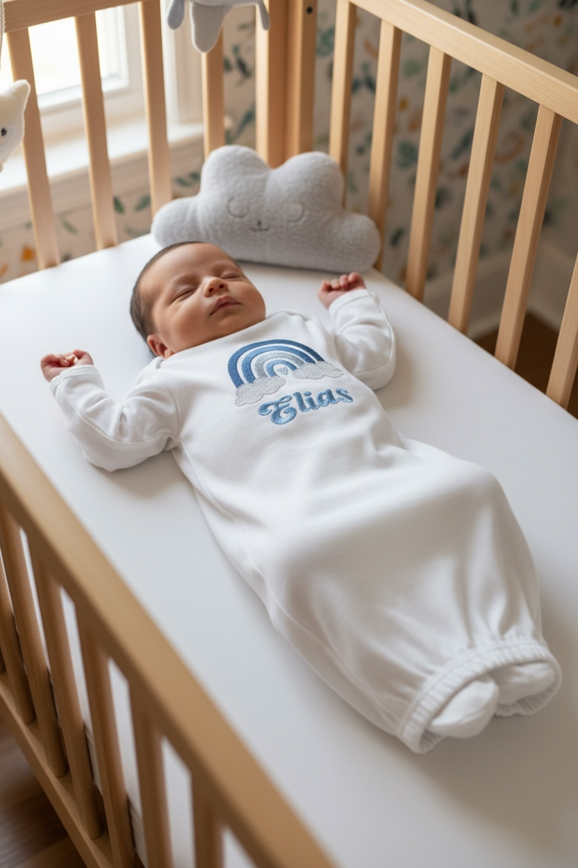 Custom Rainbow Embroidered Zippered Newborn Baby Gown