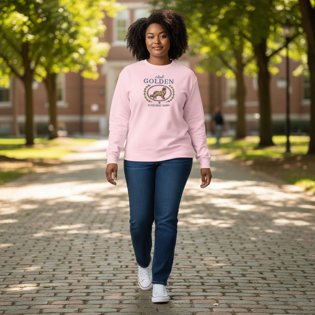 Club Golden Embroidered Sweatshirt “Voted Most Happy” Cozy Crewneck for Dog Lovers